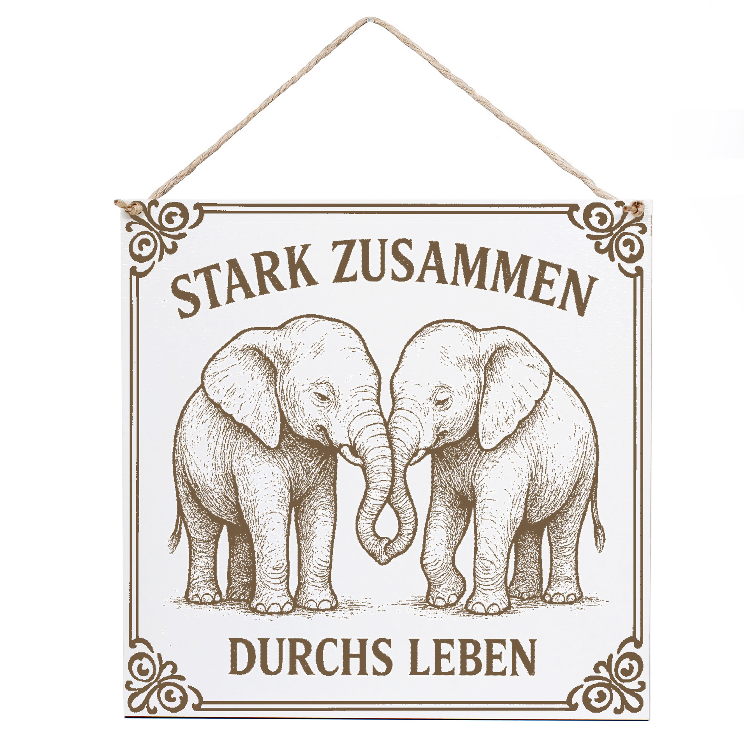 Dekoschild Elefanten Stark zusammen durchs Leben 15×15 cm aus weißem HDF – Graviertes Spruchschild