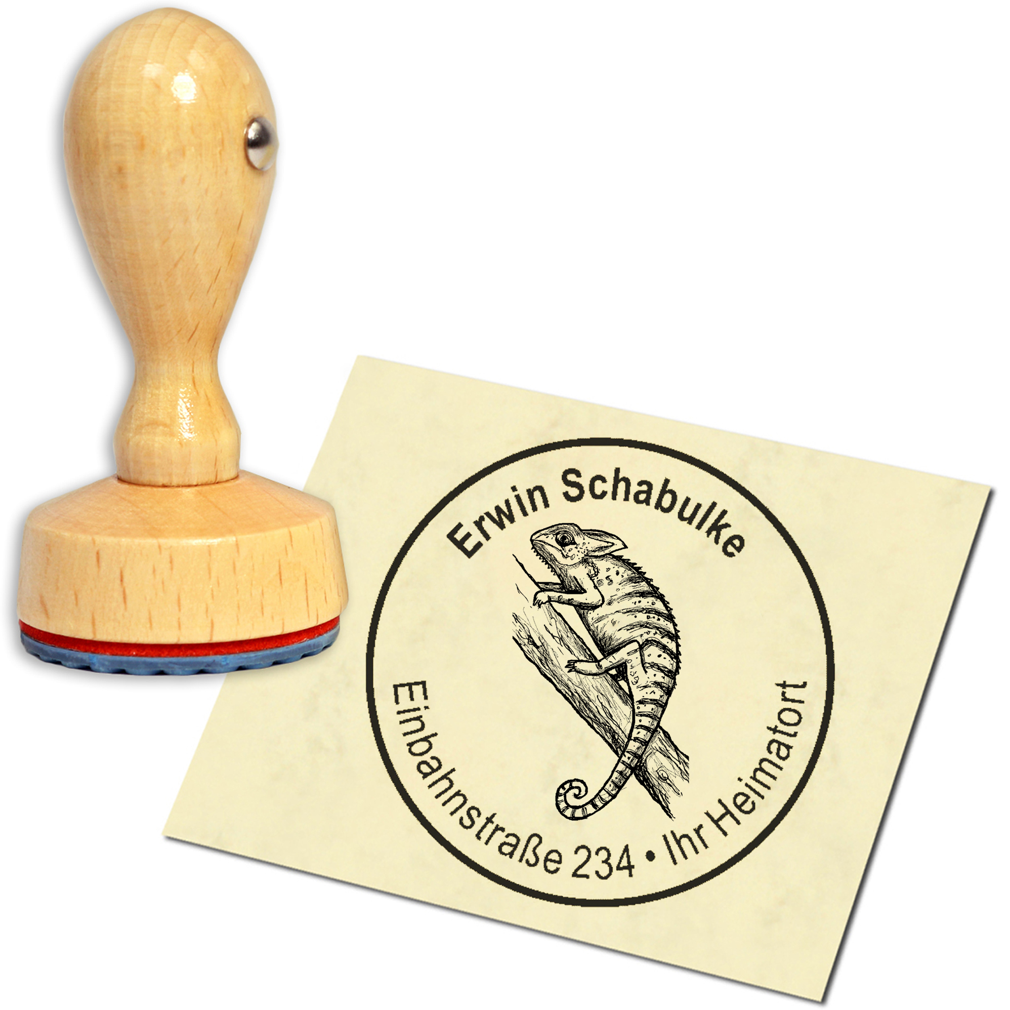 Stempel Adressstempel Holzstempel - Chamäleon - rund 40mm