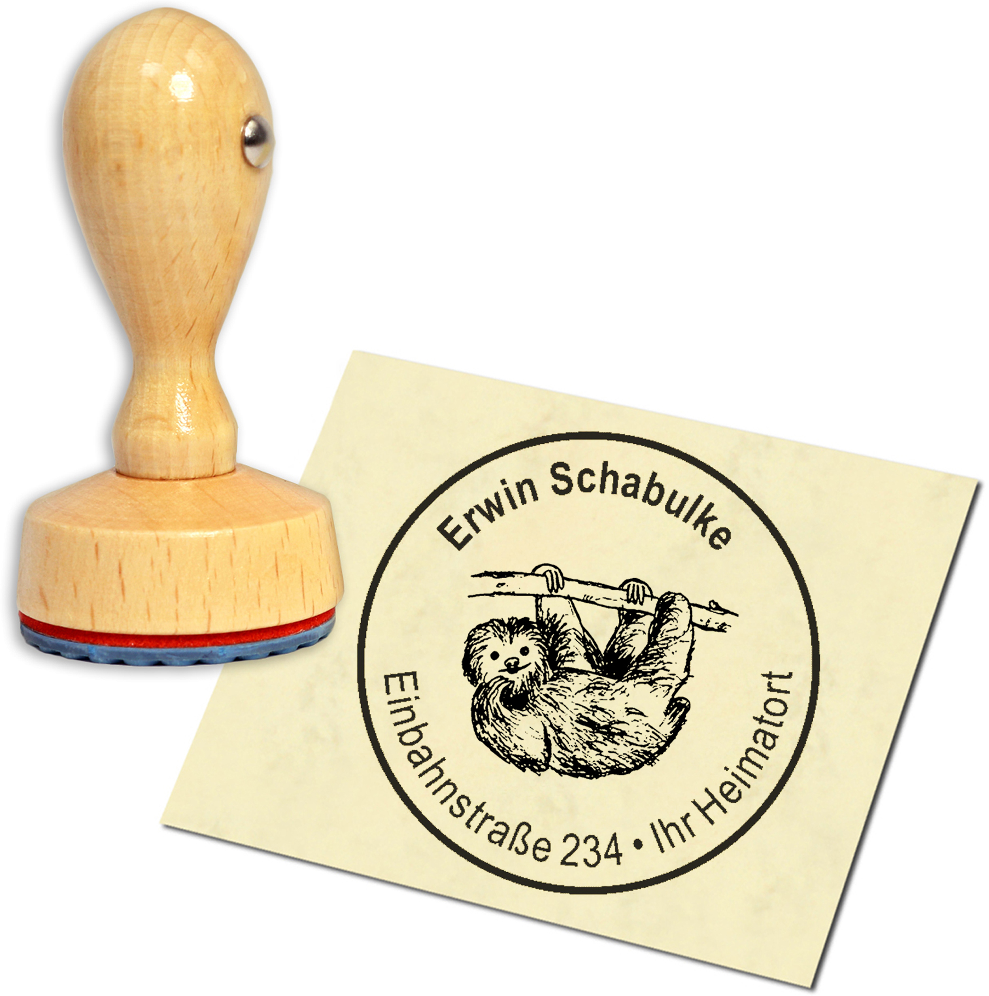 Stempel Adressstempel Holzstempel - Faultier - rund 40mm