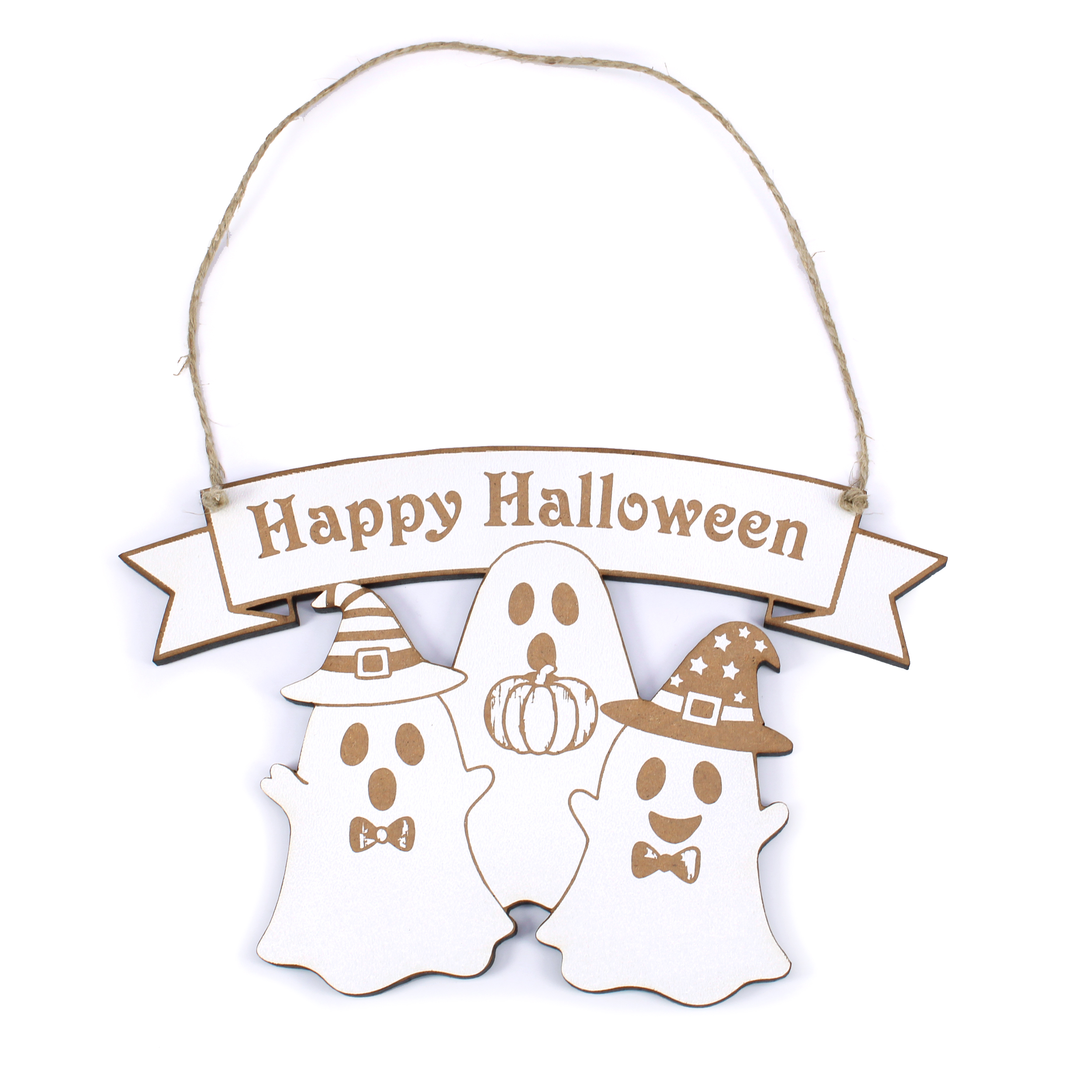 Schild „Happy Halloween“ – weißes Türschild – drei süße Geister, 19×13 cm, mit Juteband zum Aufhängen – Halloween Deko
