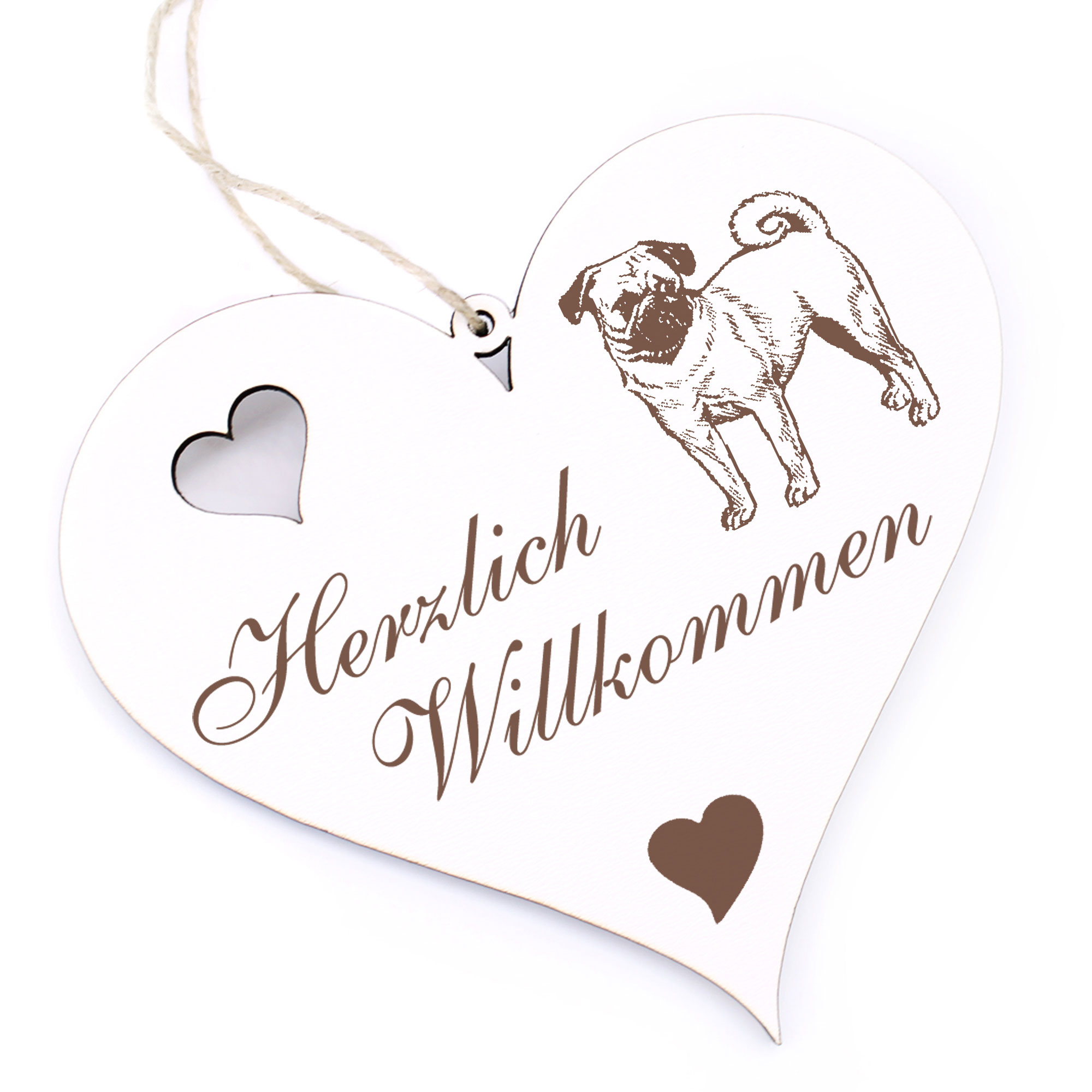Herzlich Willkommen Schild - Mops - Deko Herz Holz