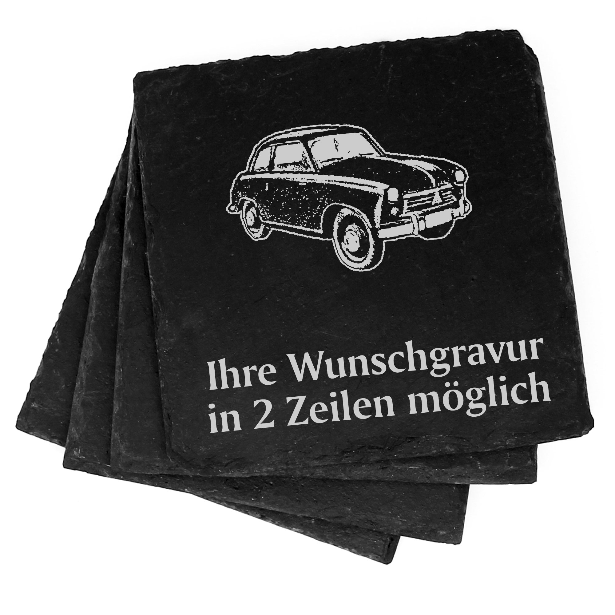 4x Oldtimer Deko Schiefer Untersetzer Wunschgravur Set - 11 x 11 cm