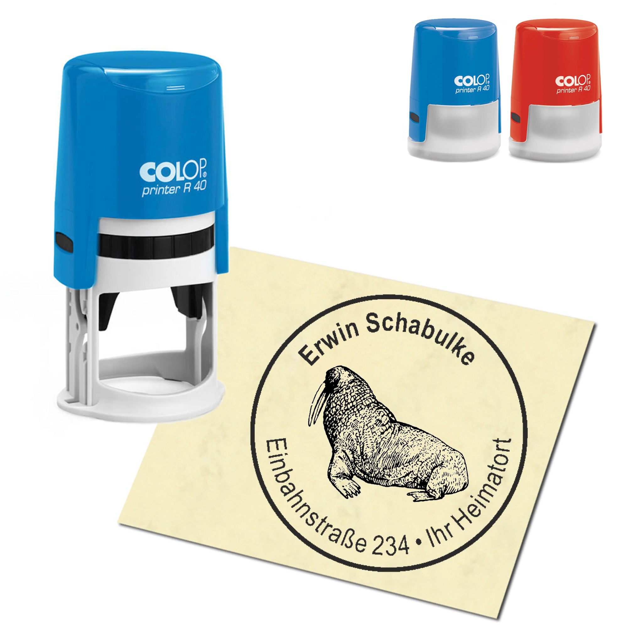 Stempel Adressstempel personalisiert - sitzendes Walross - rund &empty; 40mm
