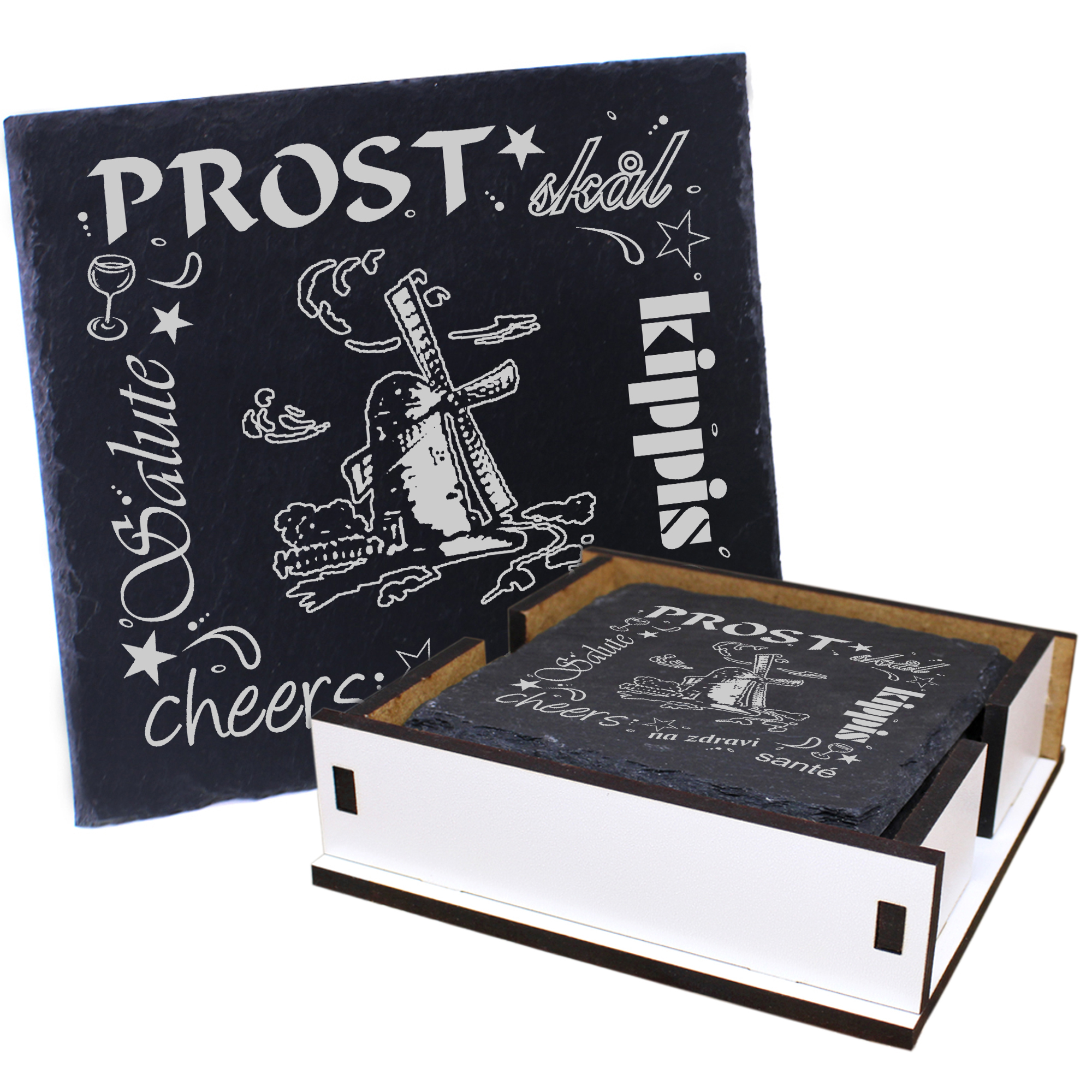 5 x Schiefer Untersetzer - Prost Windmühle - inkl. Holzbox & Flaschenuntersetzer