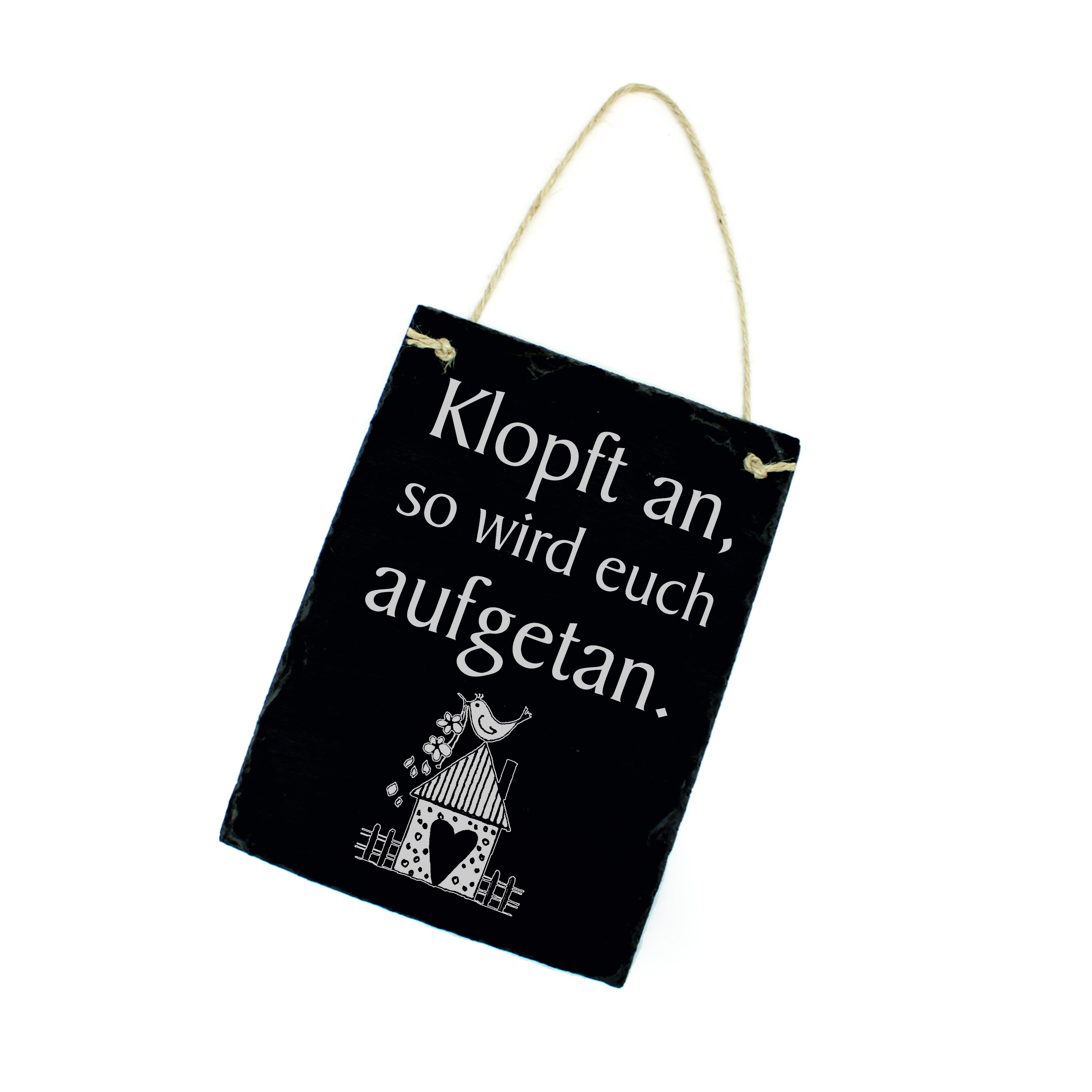 Schiefertafel Klopft an, so wird euch aufgetan - Schild hochkant 16x22 cm - Haussegen