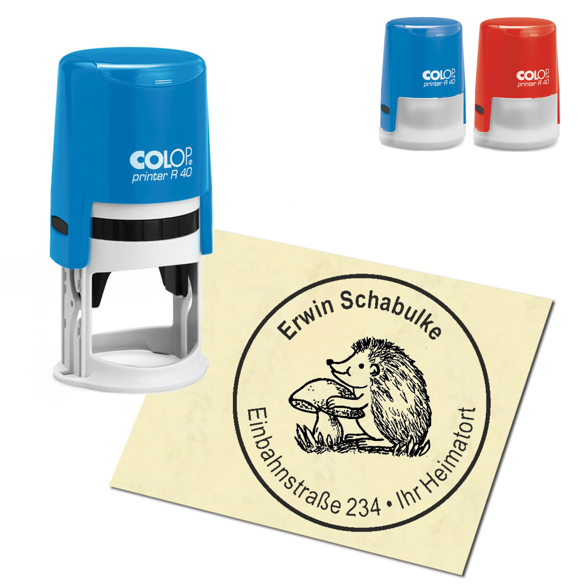 Stempel Adressstempel personalisiert - Igel mit Pilz - rund &empty; 40mm