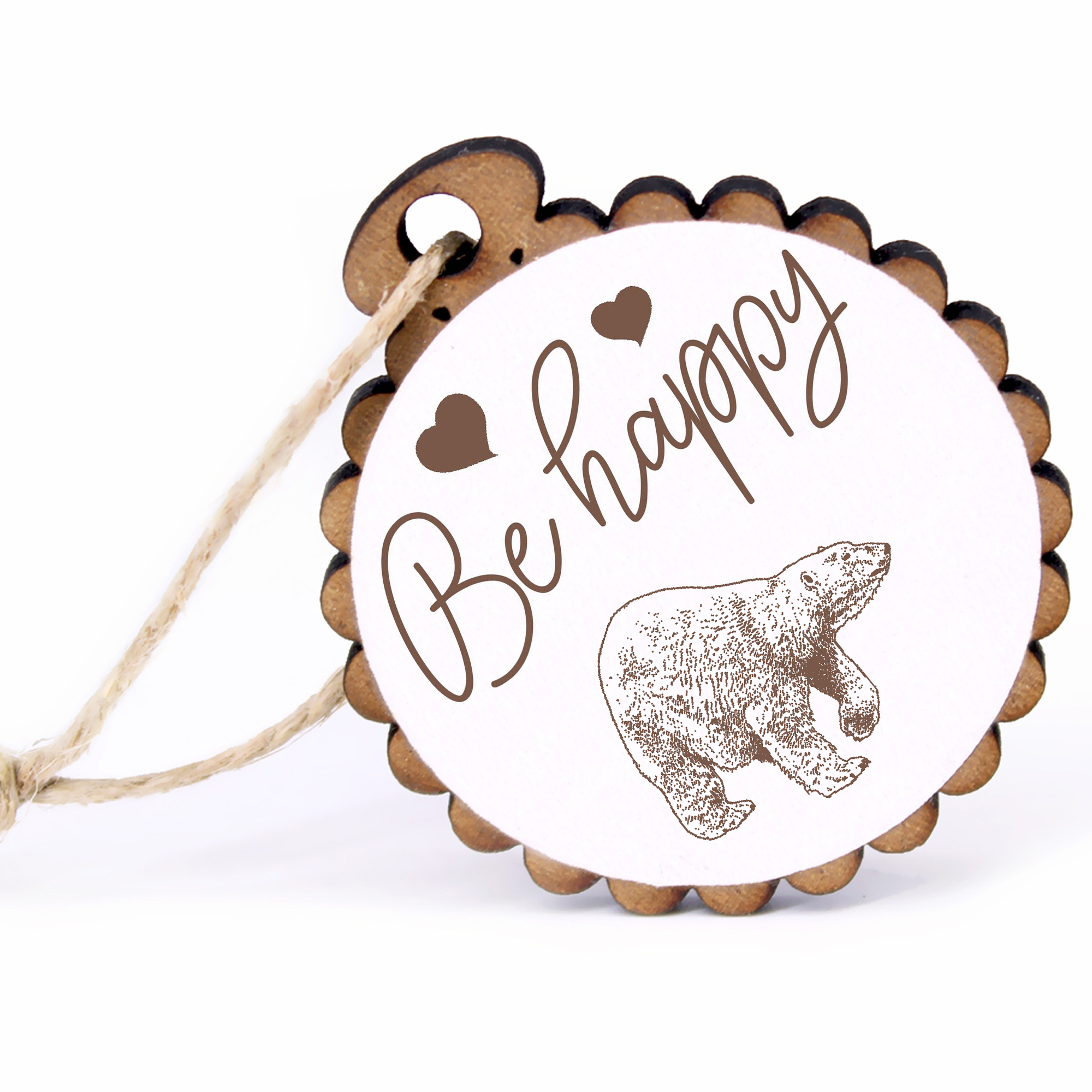 Geschenkanhänger - Be Happy Eisbär -  Holz Ø-5cm - mit Juteband
