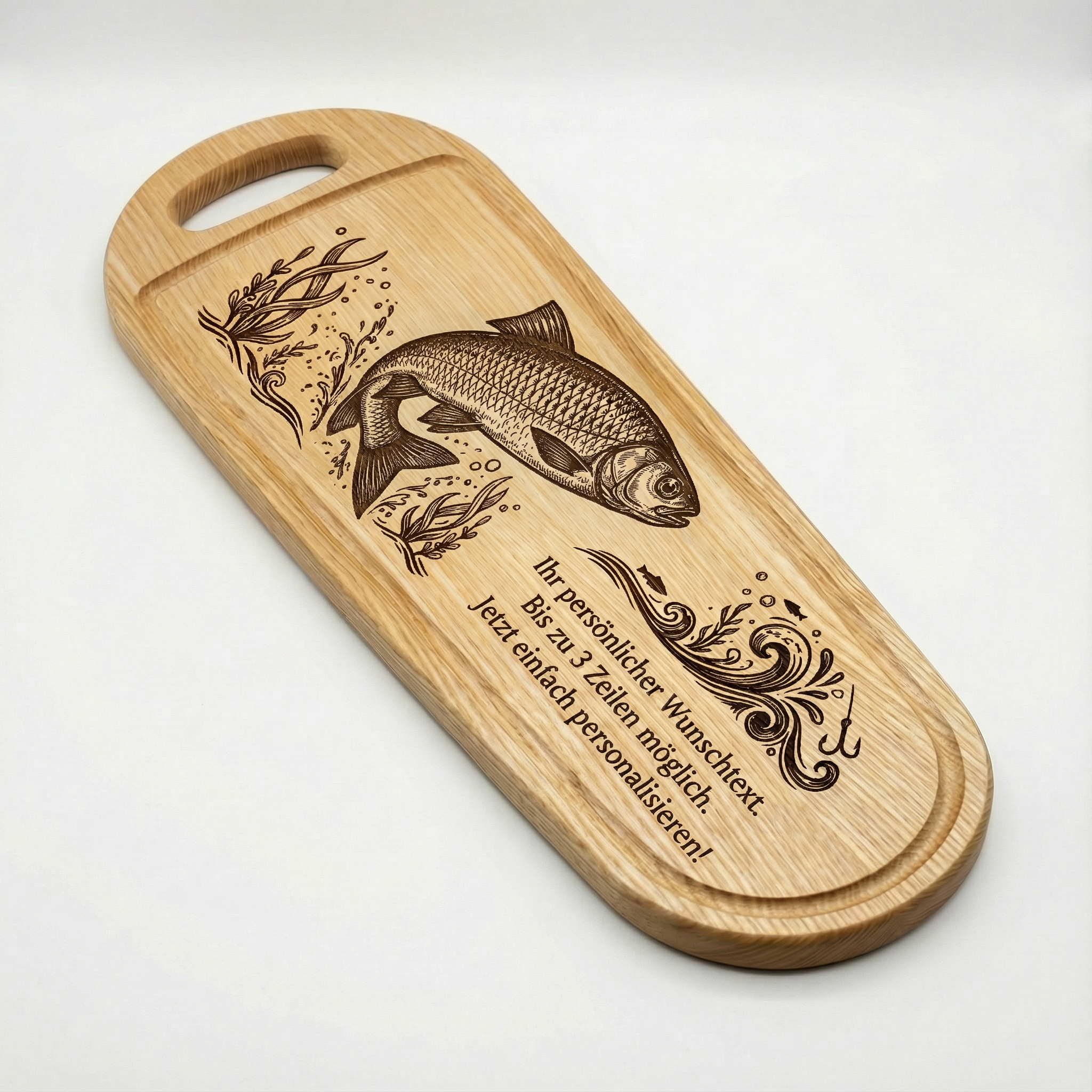 XXL Fisch Schneidebrett aus Esche mit Gravur – Rotfeder –  60x20cm - Angler Griller Koch