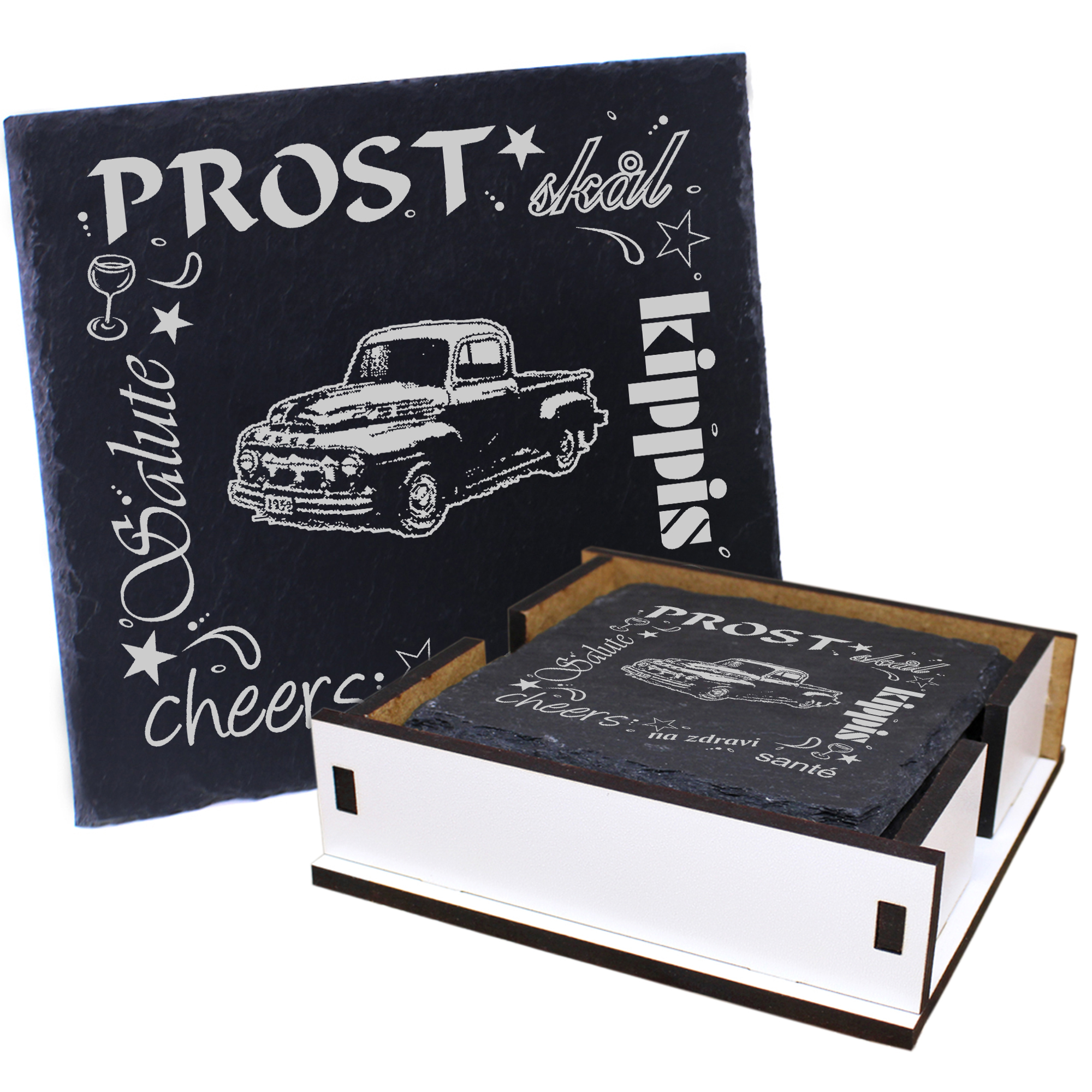 5 x Schiefer Untersetzer - Prost Pickup - inkl. Holzbox & Flaschenuntersetzer