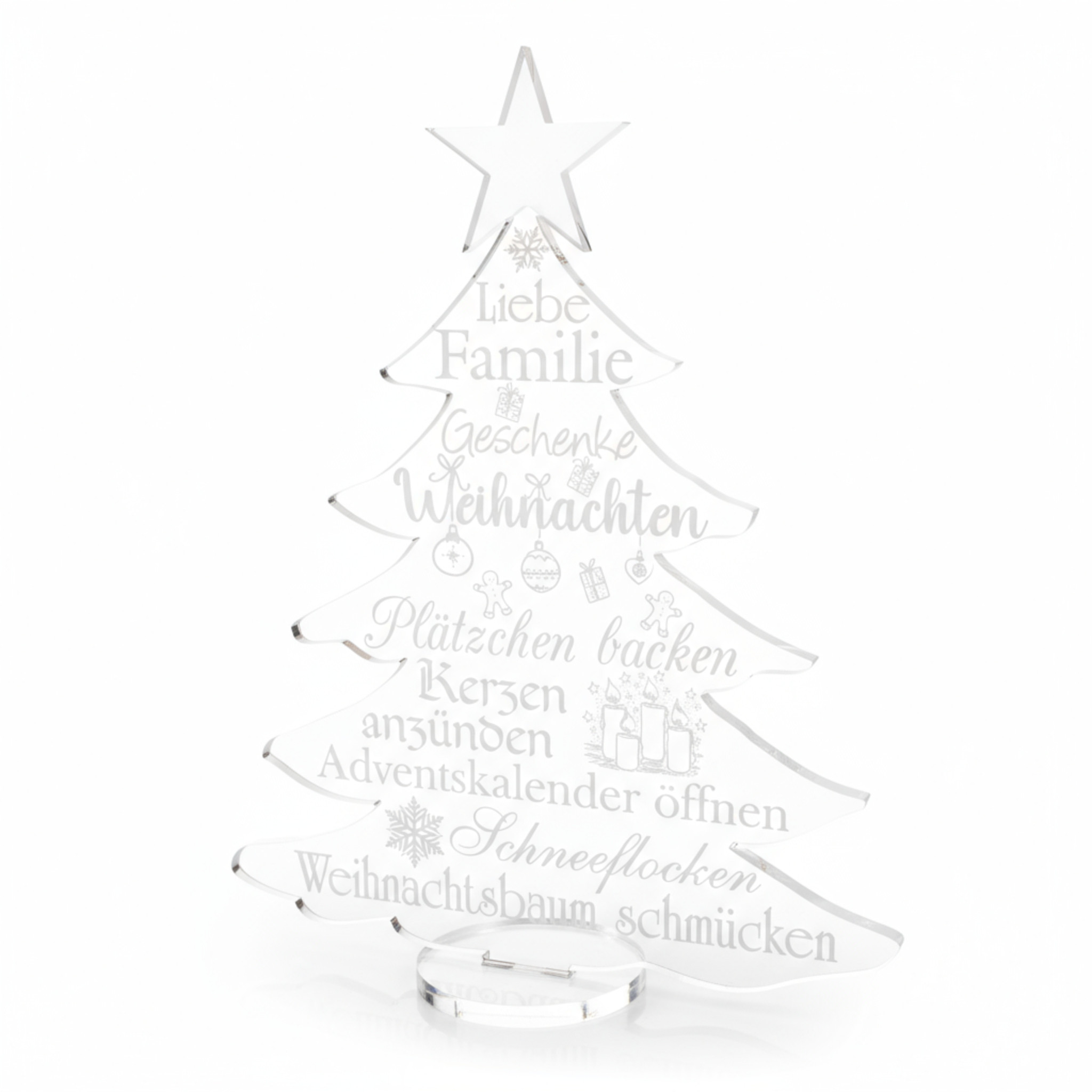 Acryl Aufsteller Tannenbaum – weiße Gravur mit weihnachtlichen Wörtern & Sprüchen 