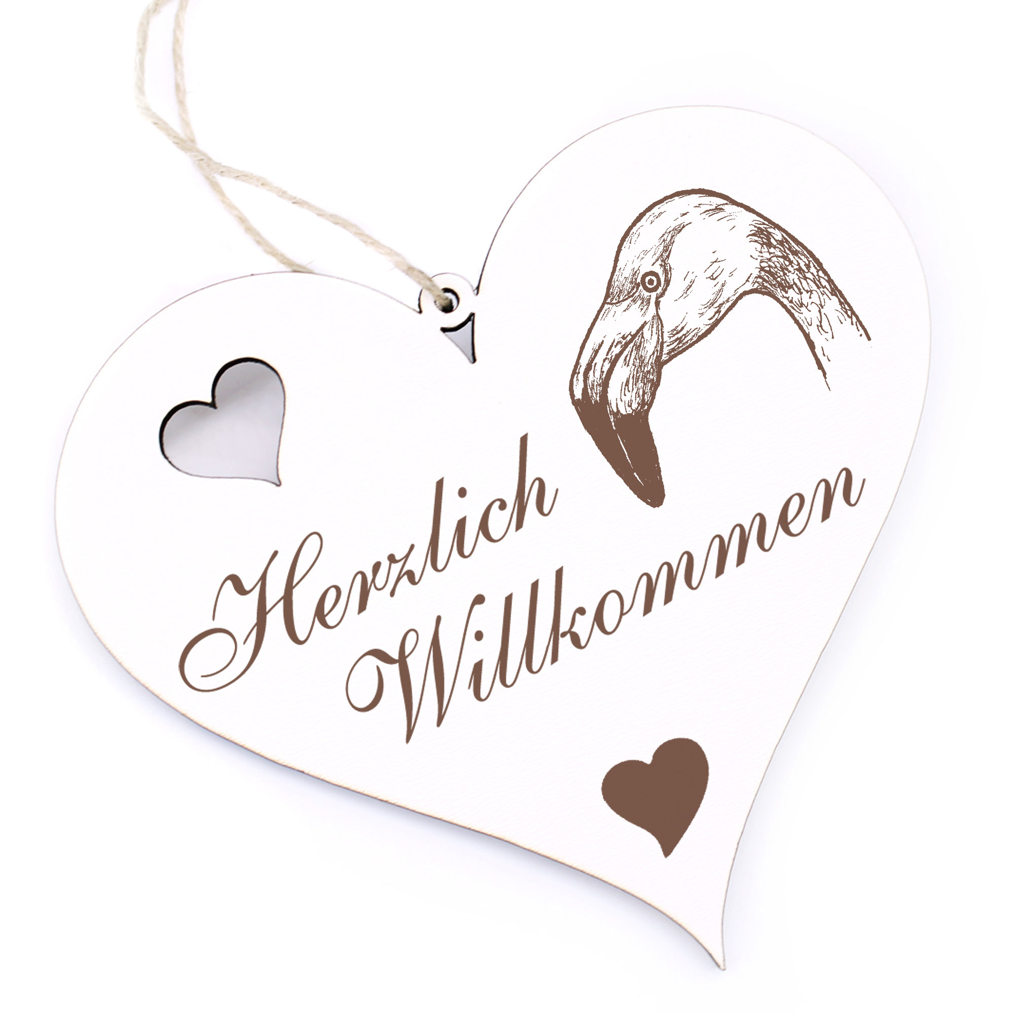 Herzlich Willkommen Schild - Flamingo Kopf - Deko Herz Holz