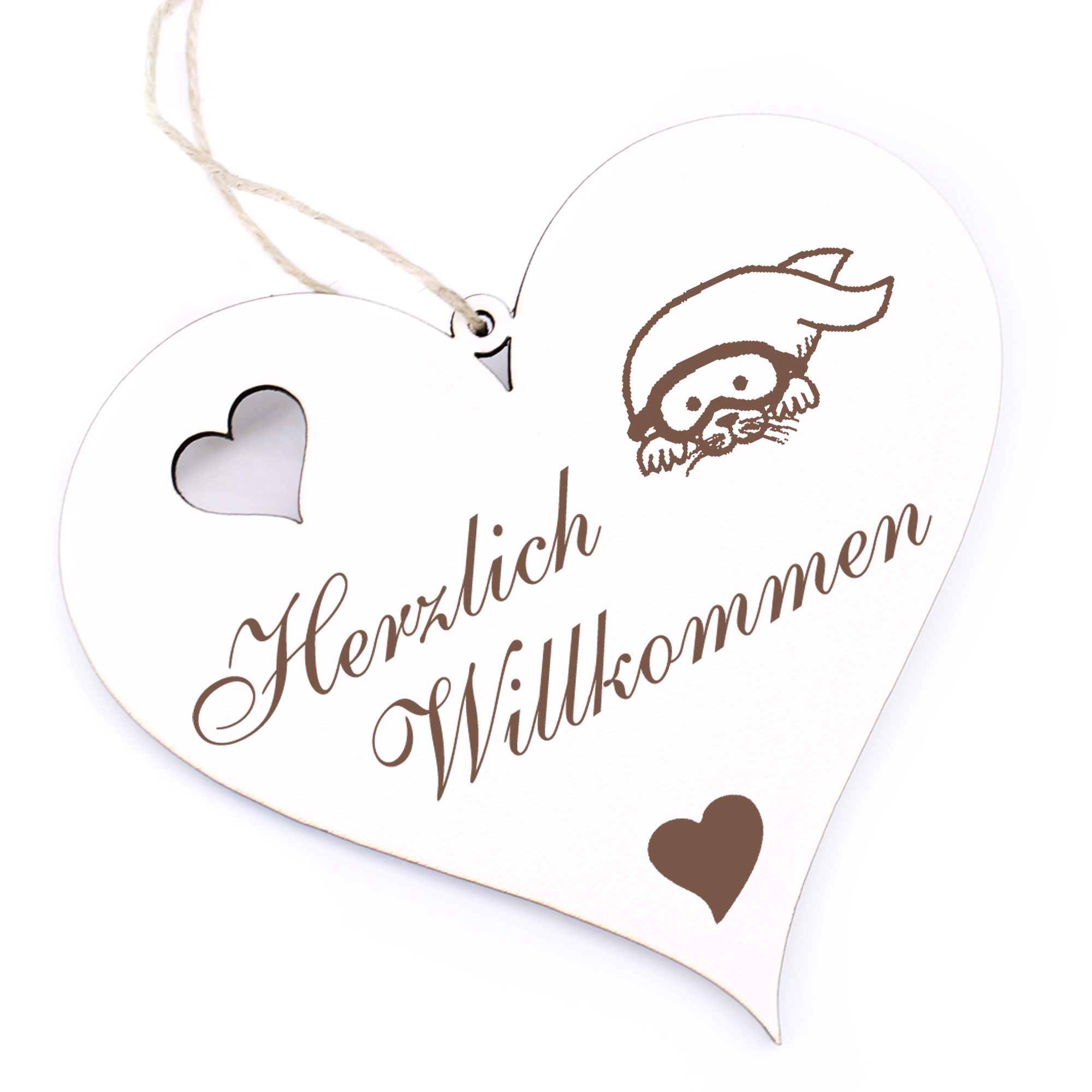 Herzlich Willkommen Schild - Robbe mit Taucherbrille - Deko Herz Holz