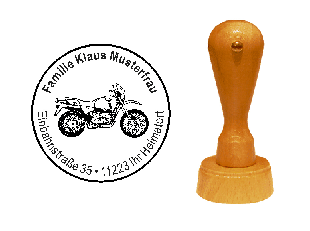 « Motorrad 7 » Holzstempel mit persönlichem Wunschtext