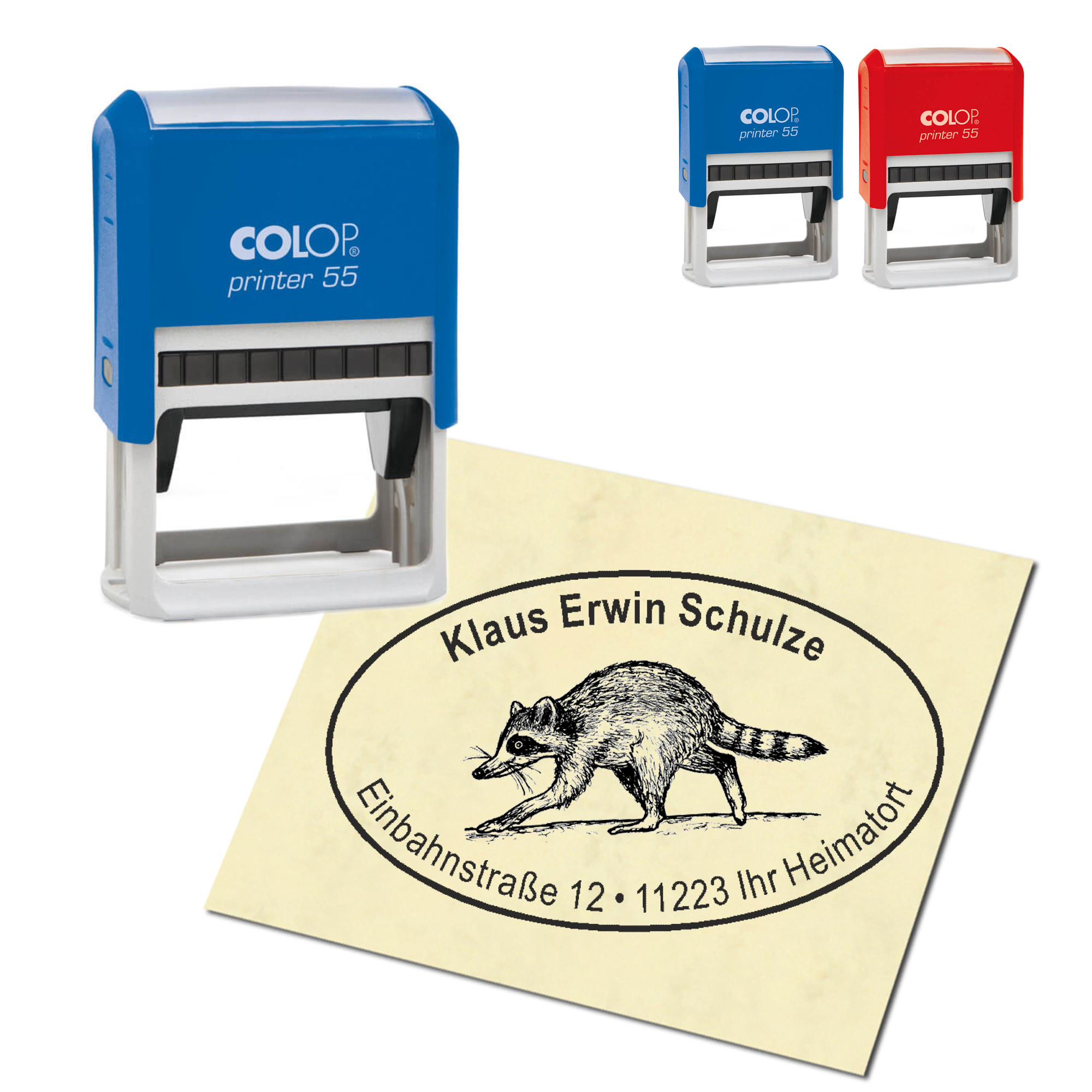 Adressstempel personalisiert Stempel - gehender Waschbär - oval 59 x 39 mm