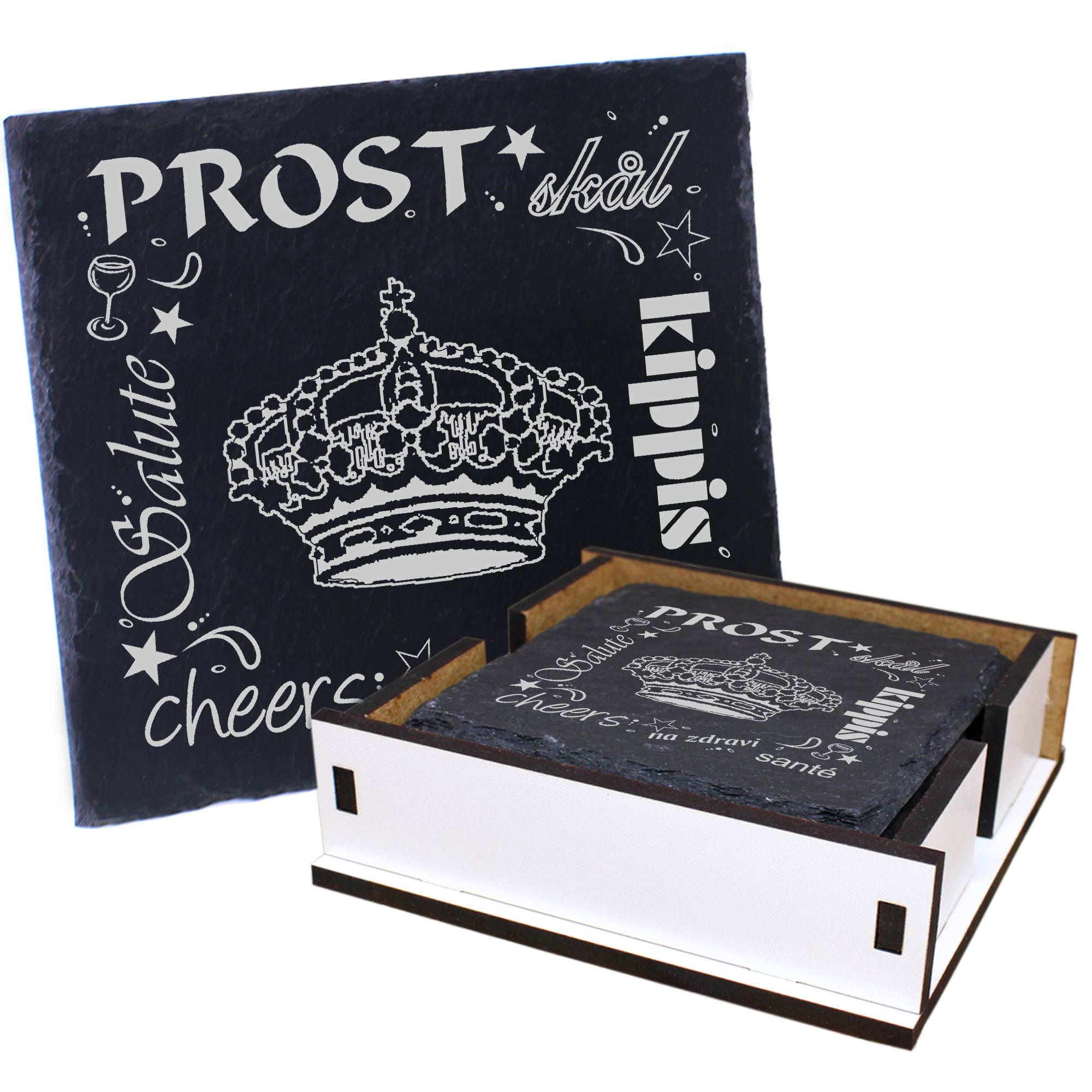 5 x Schiefer Untersetzer - Prost Krone - inkl. Holzbox & Flaschenuntersetzer