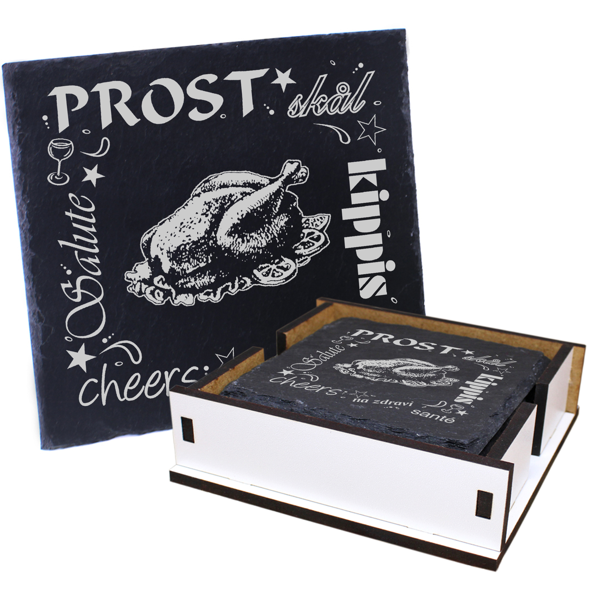 5 x Schiefer Untersetzer - Prost Broiler - inkl. Holzbox & Flaschenuntersetzer