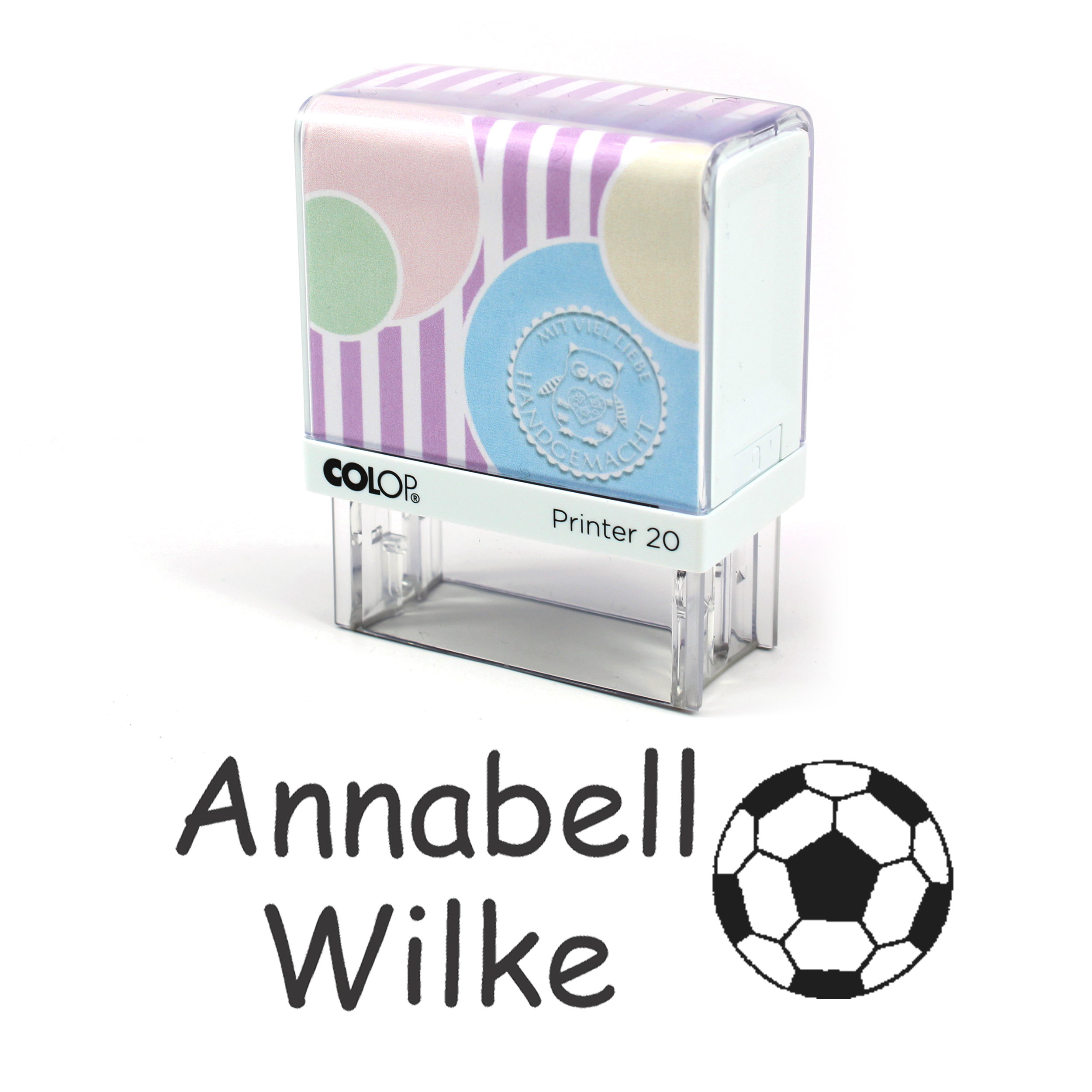 Textilstempel Fußball - personalisierter Automatikstempel mit Namen - für Textilien Kleidung 38x14mm