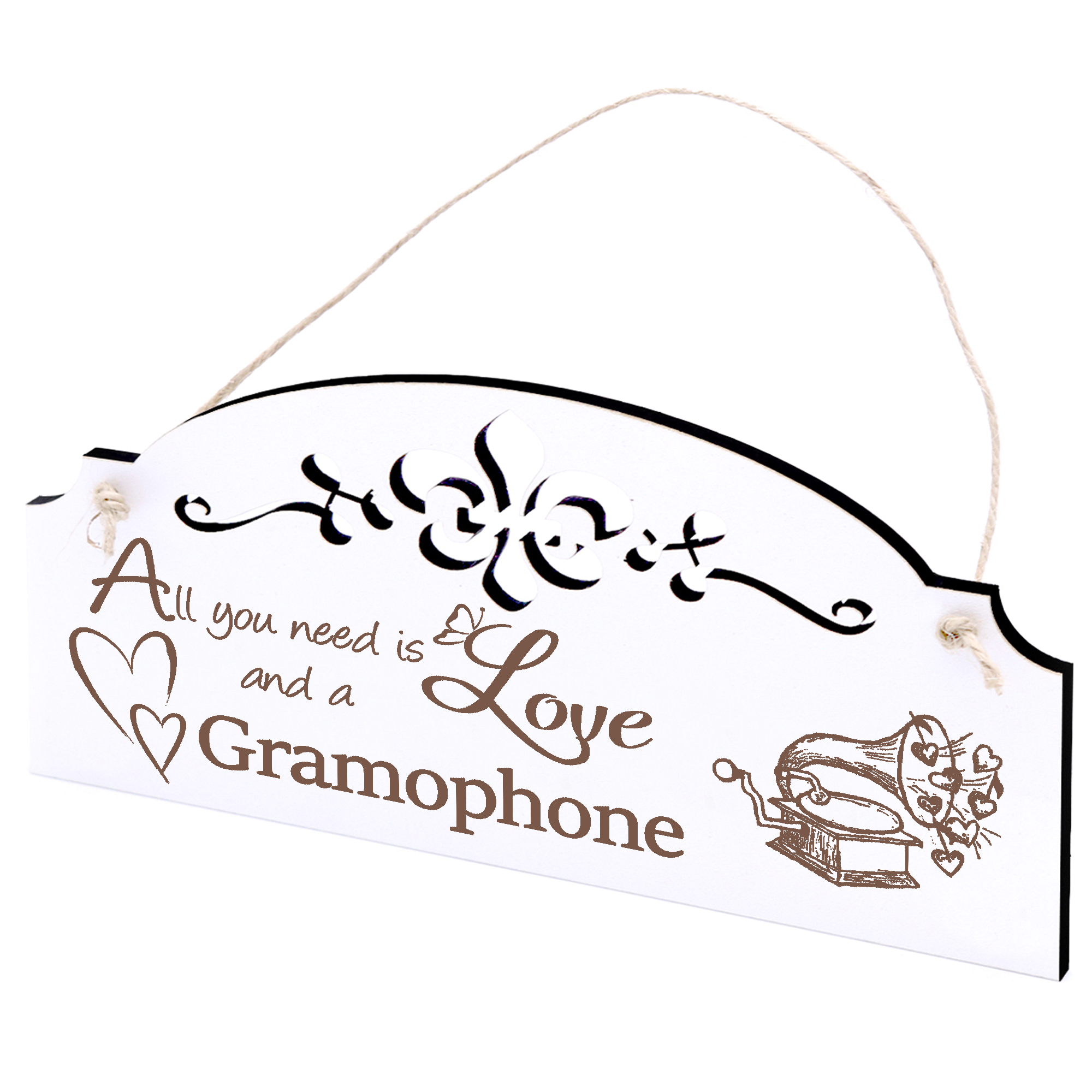 Schild Grammophon mit Herzen Deko 20x10cm - All you need is Love and a Gramophone - Holz