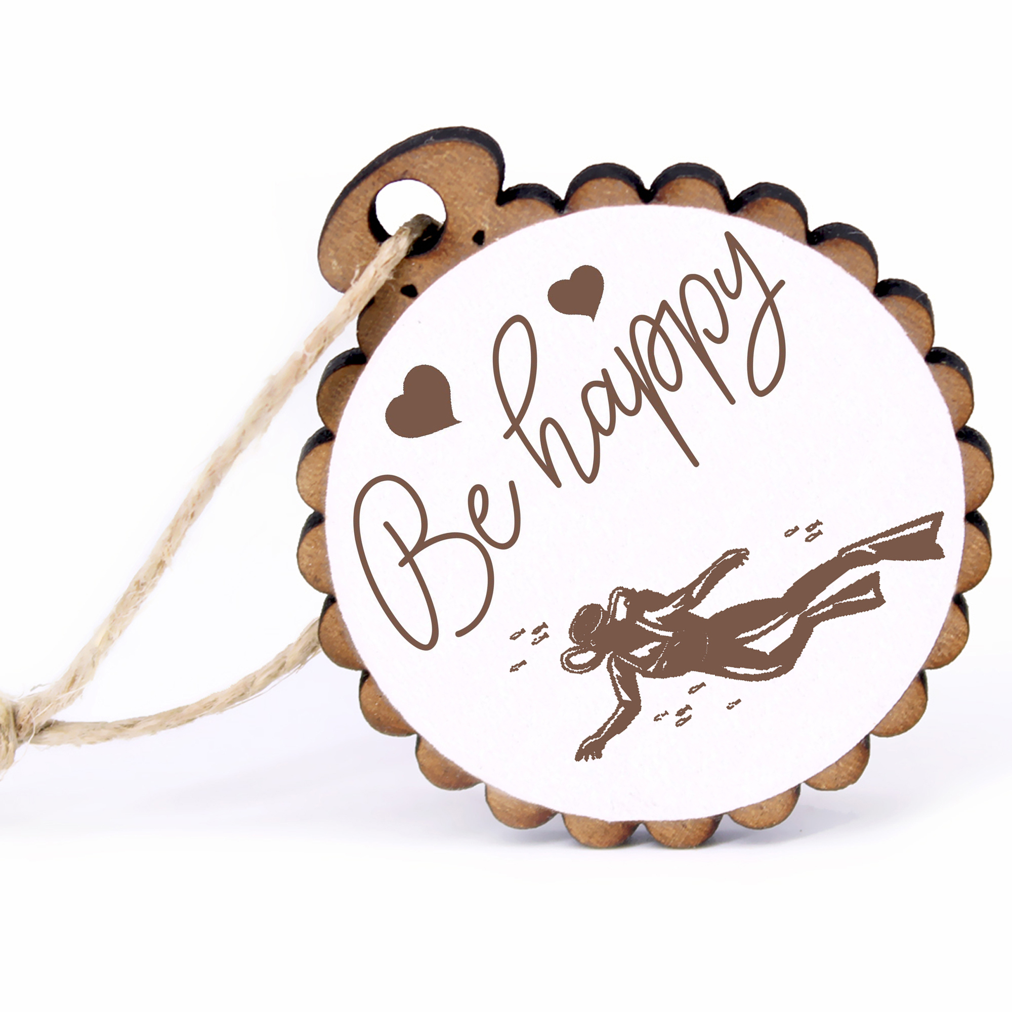 Geschenkanhänger - Be Happy Taucherin -  Holz Ø-5cm - mit Juteband