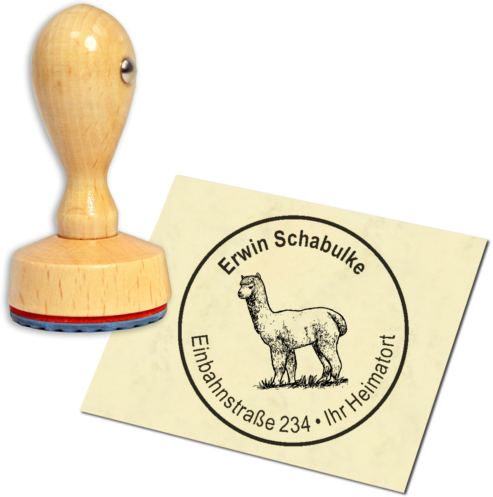 Stempel Adressstempel Holzstempel - Alpaka Lama auf einer Wiese - rund 40mm