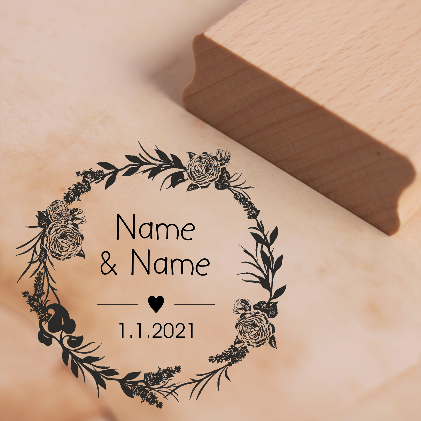 Motivstempel Rosen Vintage Kranz Hochzeit Namen + Datum Herz Stempel Hochzeitsstempel personalisiert