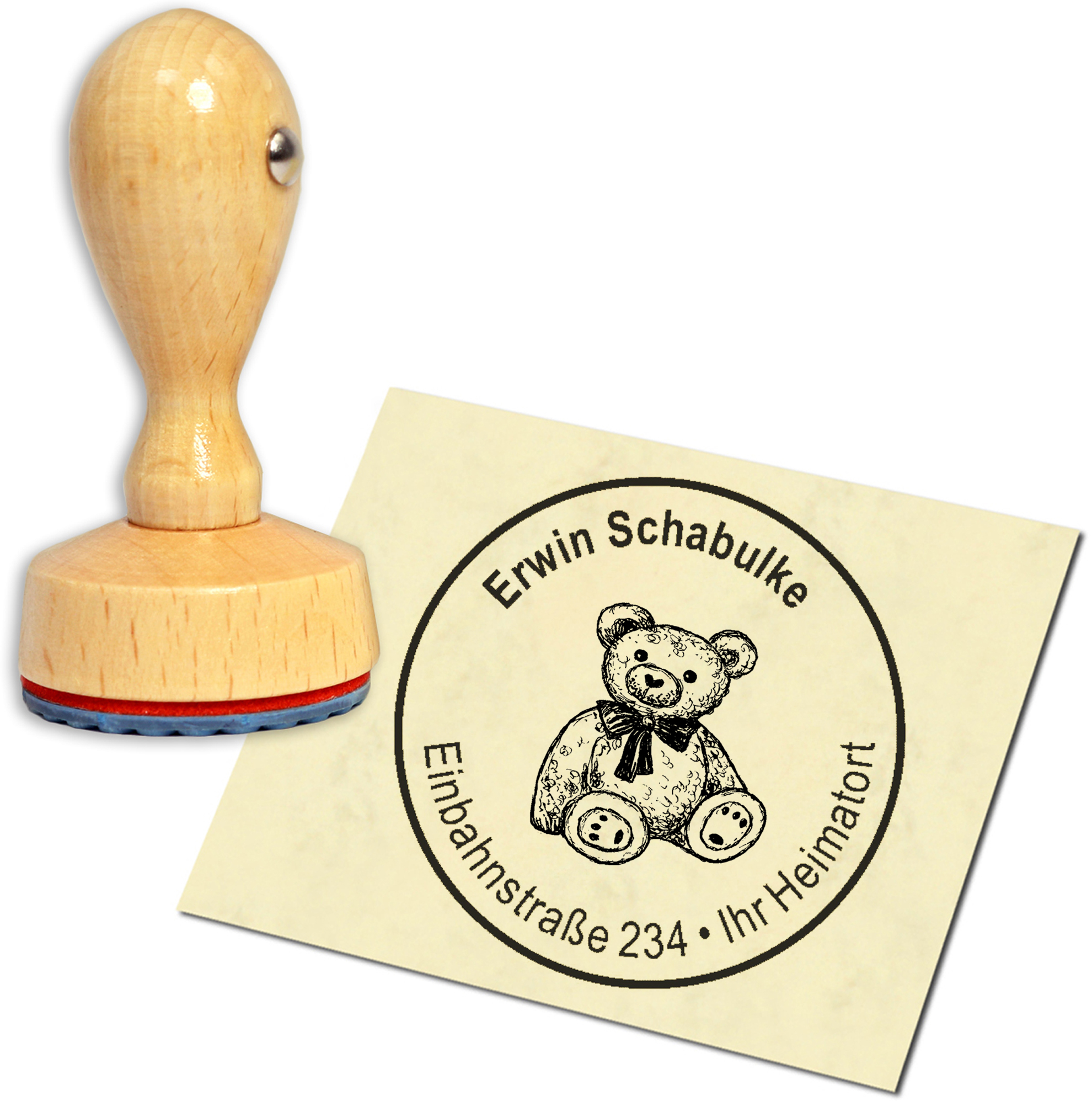 Stempel Adressstempel Holzstempel - niedlicher Teddy - rund 40mm