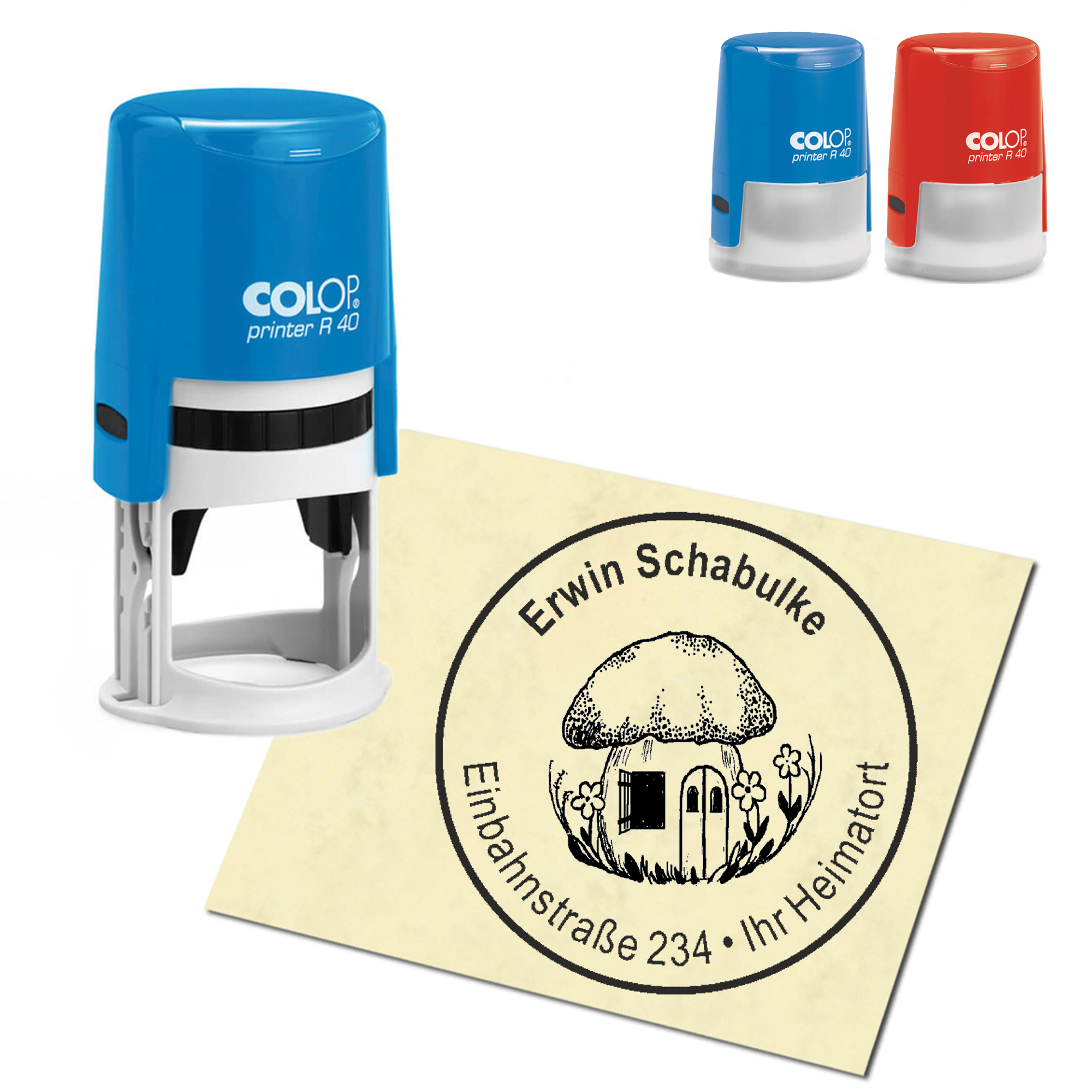 Stempel Adressstempel personalisiert - Pilzhaus mit Fenster - rund &empty; 40mm