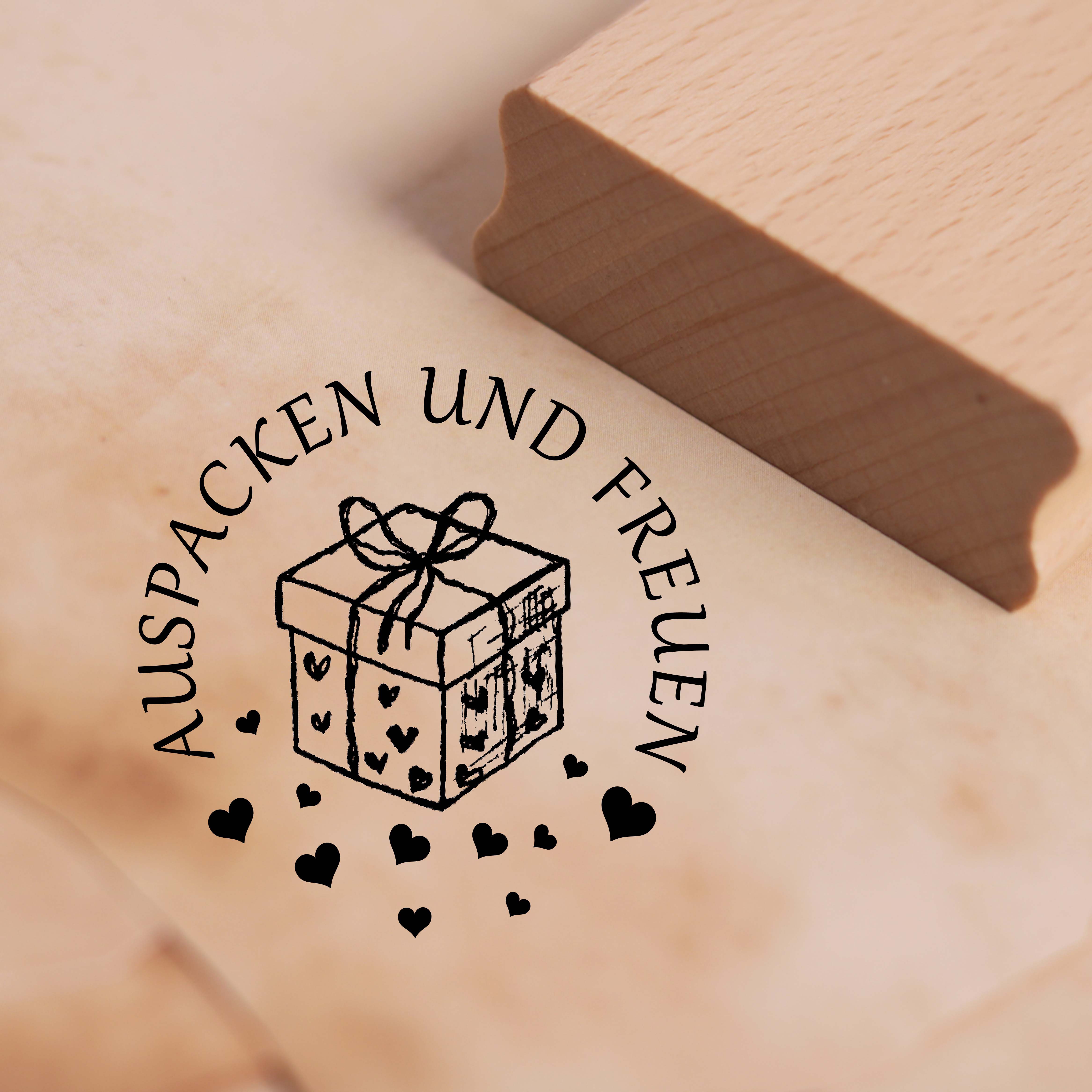 Motivstempel Auspacken und freuen Stempel Geschenk 38mm x 38mm