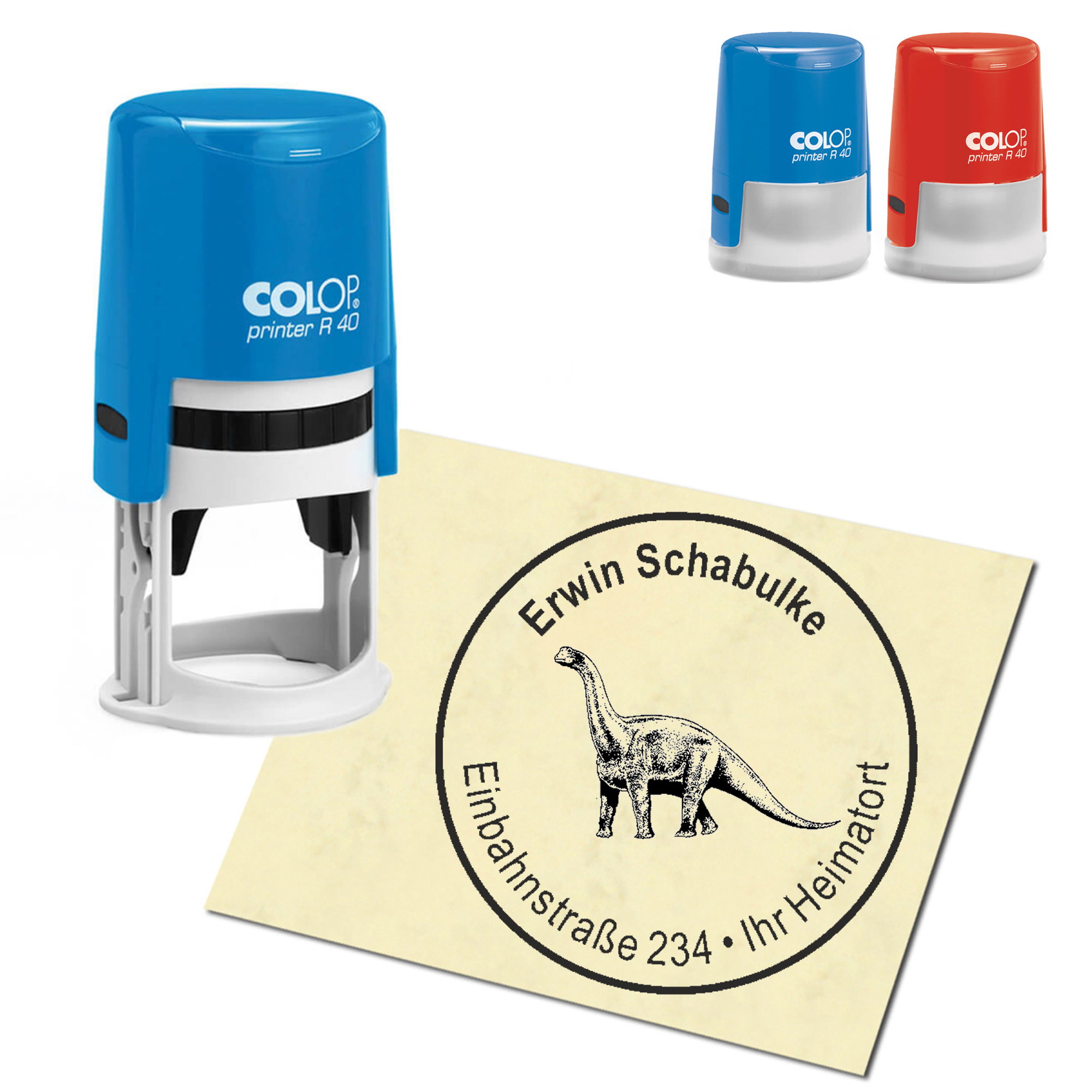 Stempel Adressstempel personalisiert - Dinosaurier Plateosaurus - rund &empty; 40mm