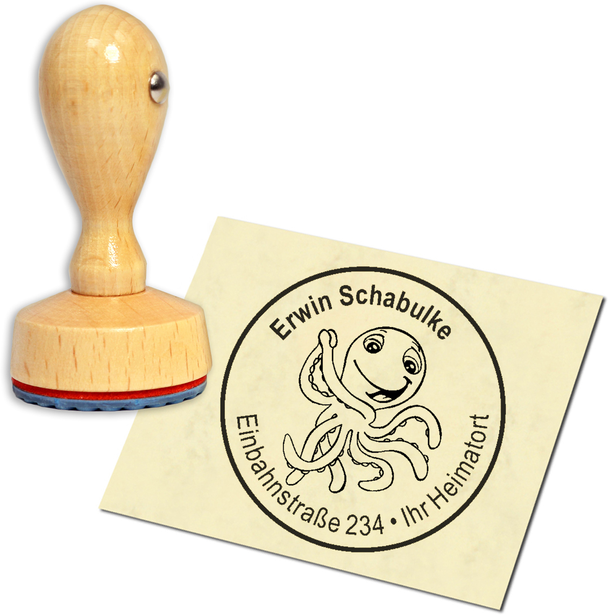 Stempel Adressstempel Holzstempel - lachende Krake - rund 40mm