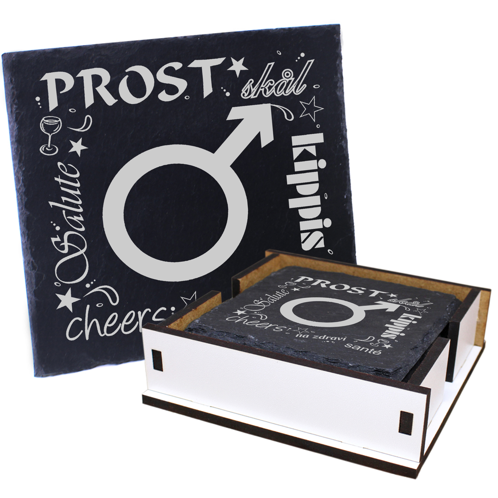 5 x Schiefer Untersetzer - Prost Mann Symbol - inkl. Holzbox & Flaschenuntersetzer