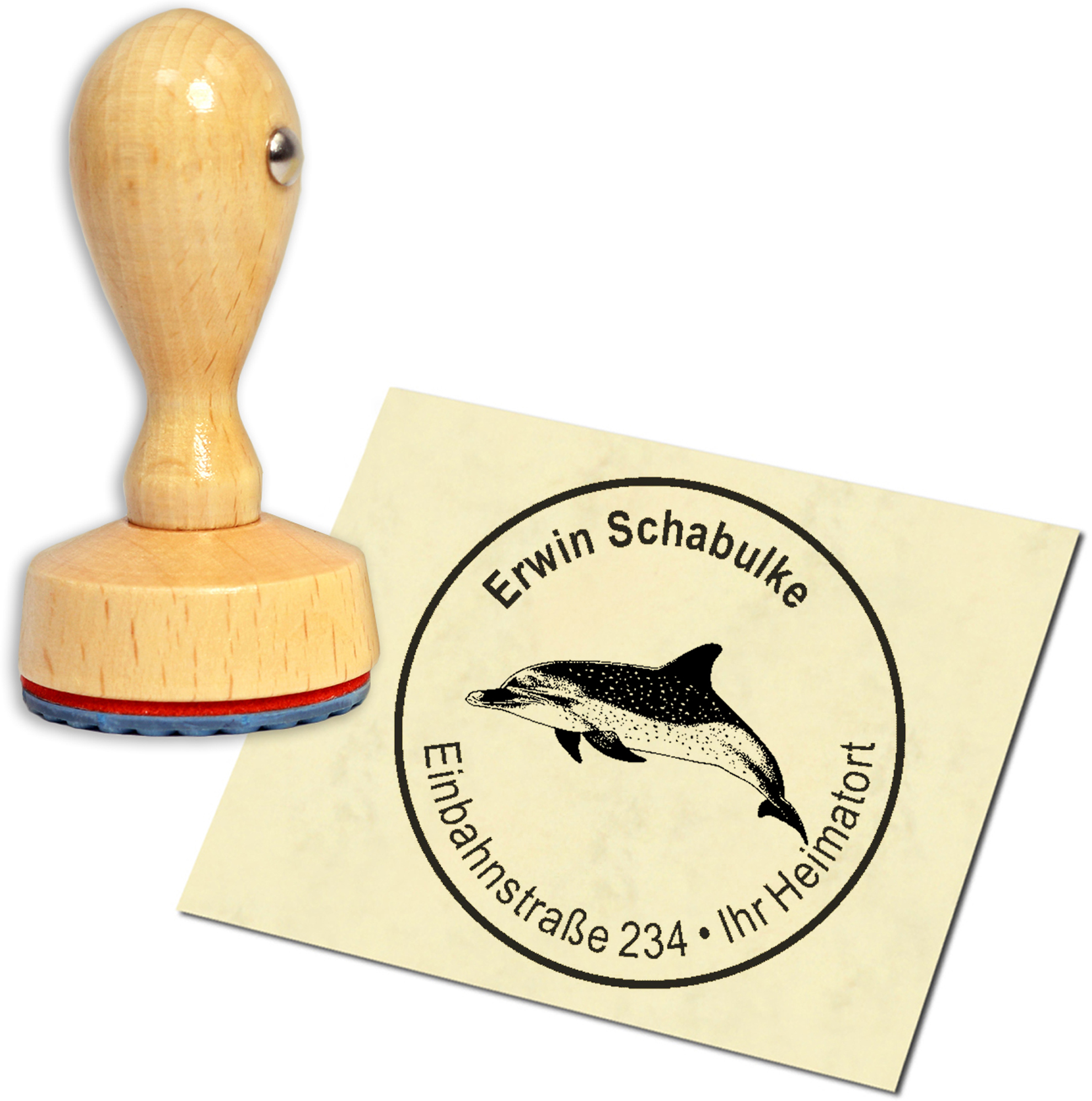 Stempel Adressstempel Holzstempel - dunkler Delfin - rund 40mm