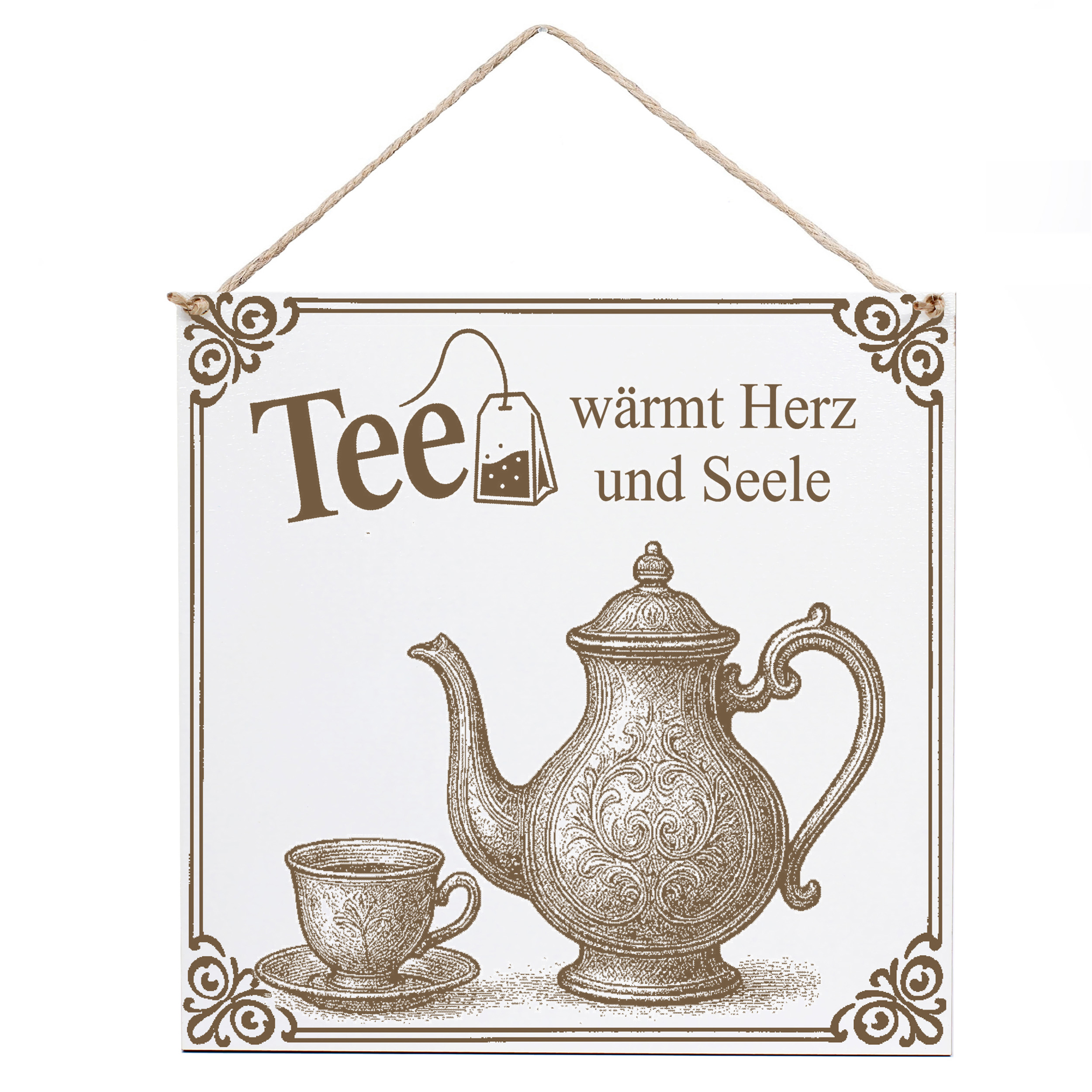 Dekoschild Tee wärmt Herz und Seele 15×15 cm aus weißem HDF – Graviertes Spruchschild