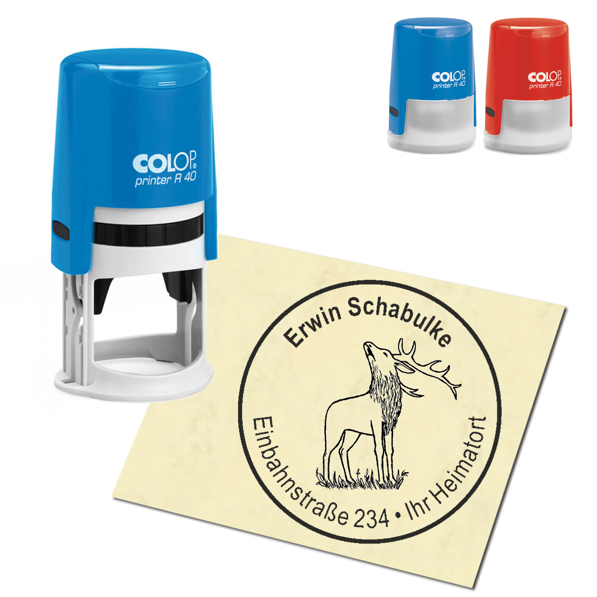 Stempel Adressstempel personalisiert - rufender Hirsch - rund &empty; 40mm