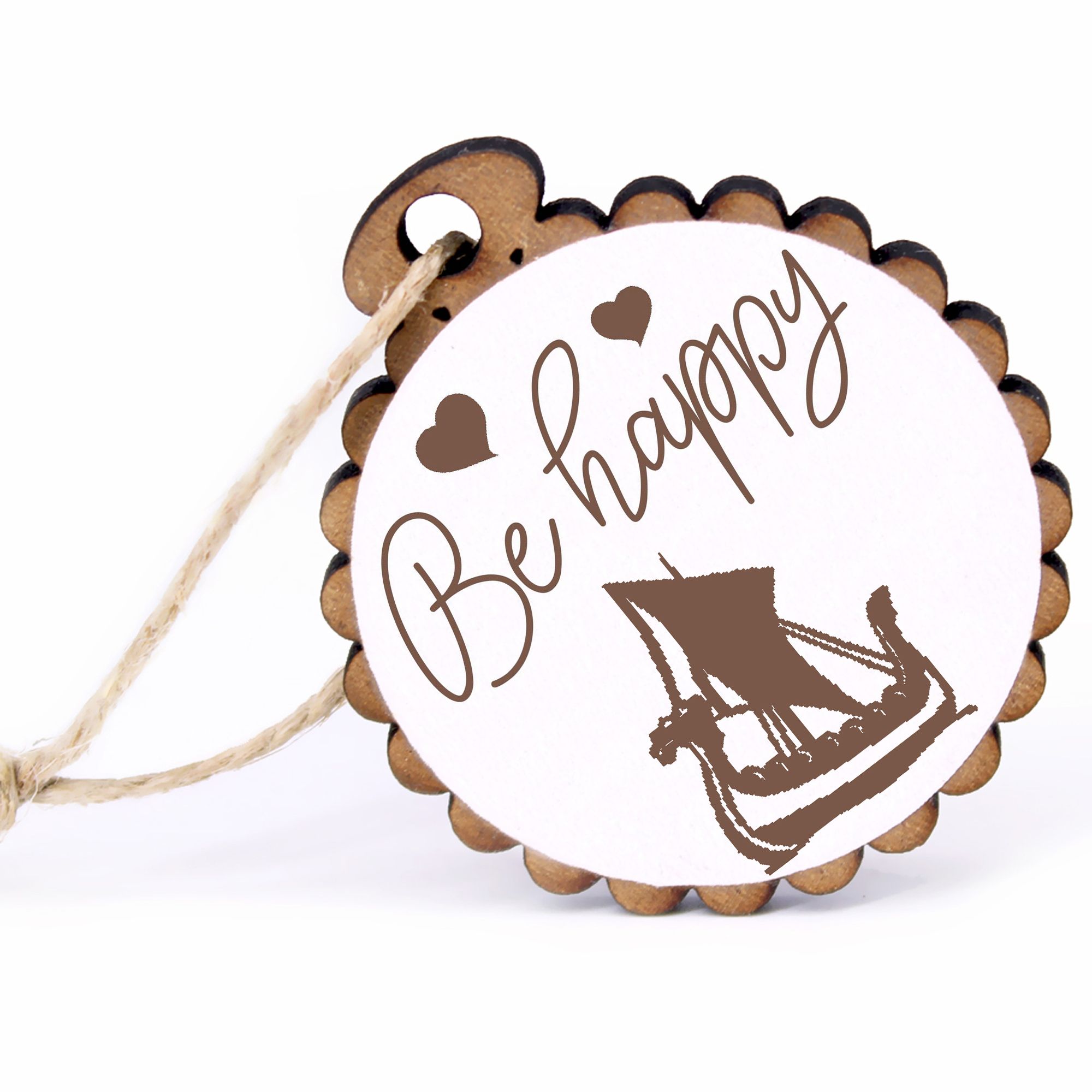 Geschenkanhänger - Be Happy Wikingerschiff -  Holz Ø-5cm - mit Juteband