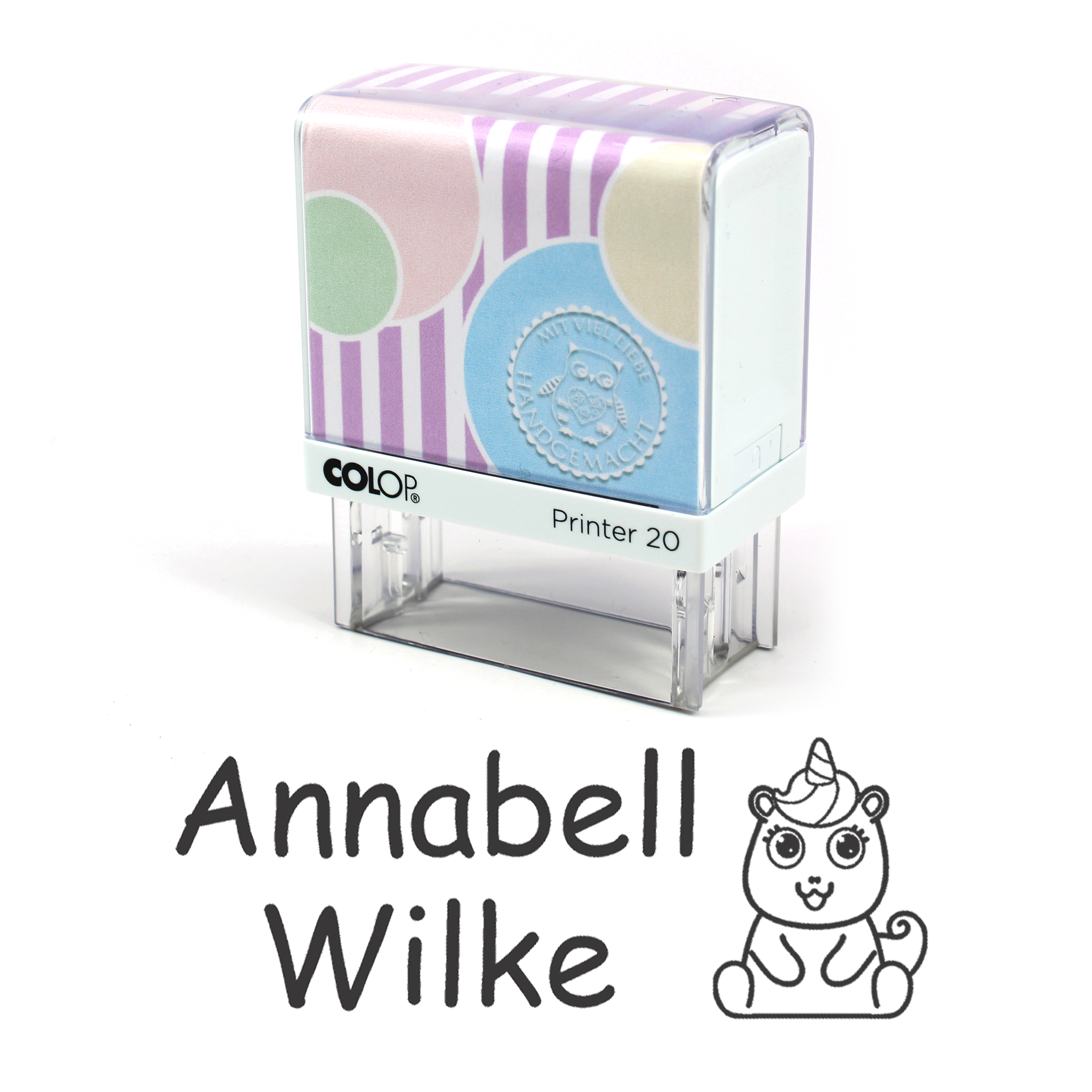 Textilstempel Einhorn - personalisierter Automatikstempel mit Namen - für Textilien Kleidung 38x14mm