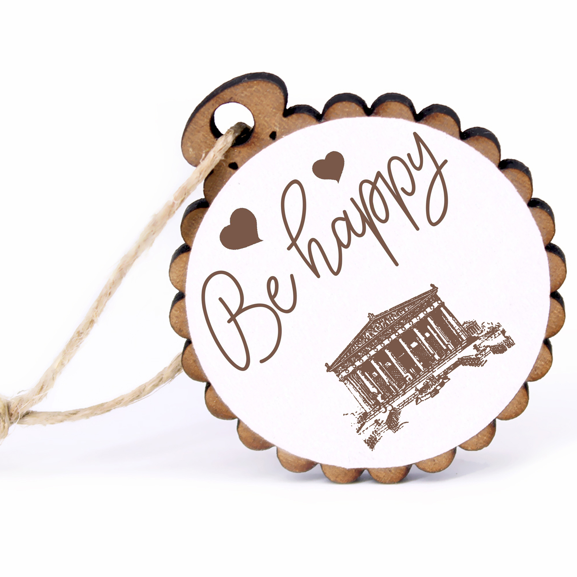 Geschenkanhänger - Be Happy Akropolis -  Holz Ø-5cm - mit Juteband