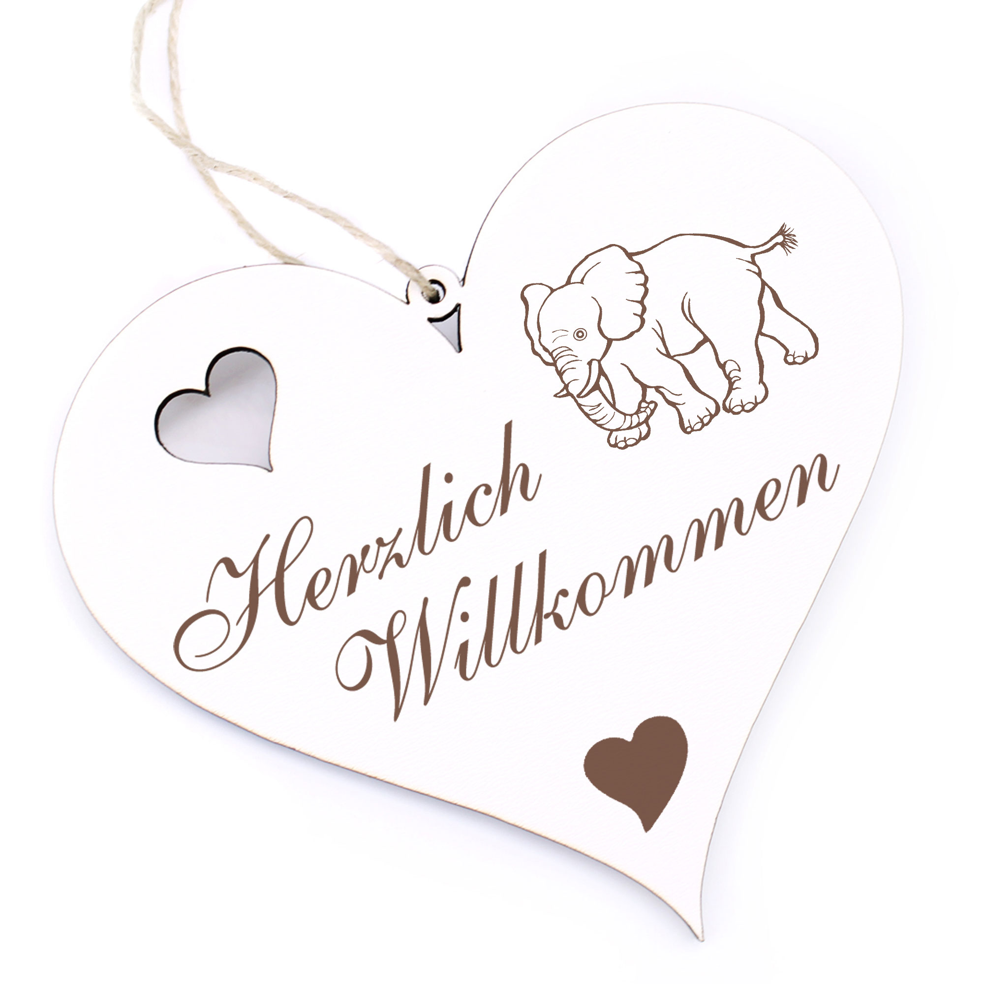 Herzlich Willkommen Schild - laufender Elefant - Deko Herz Holz