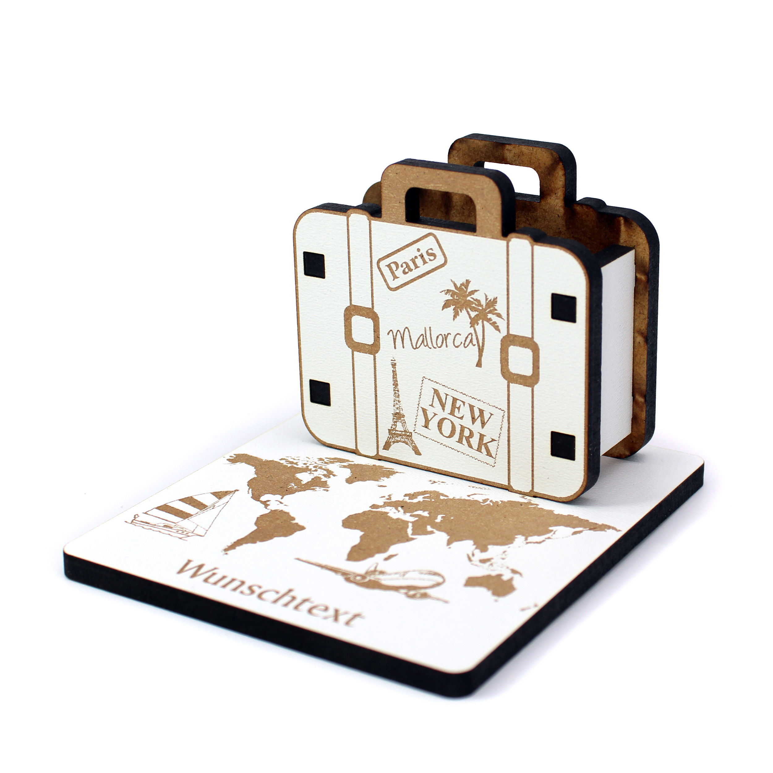 Urlaub Geldgeschenk Reisekoffer Weltreise - personalisiert mit Wunschtext - Schild für Geld Gutschein 10 x 7 cm
