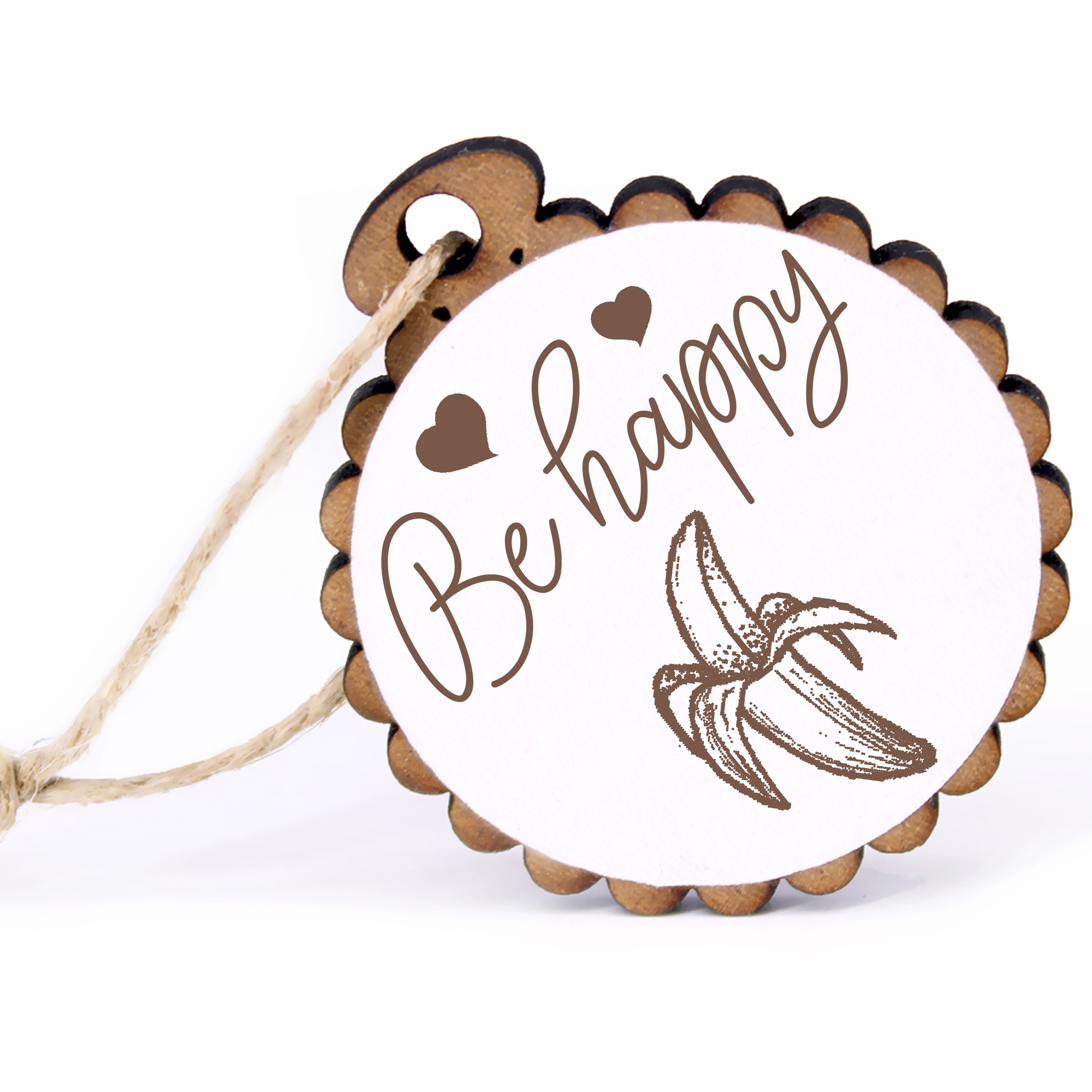 Geschenkanhänger - Be Happy Banane -  Holz Ø-5cm - mit Juteband