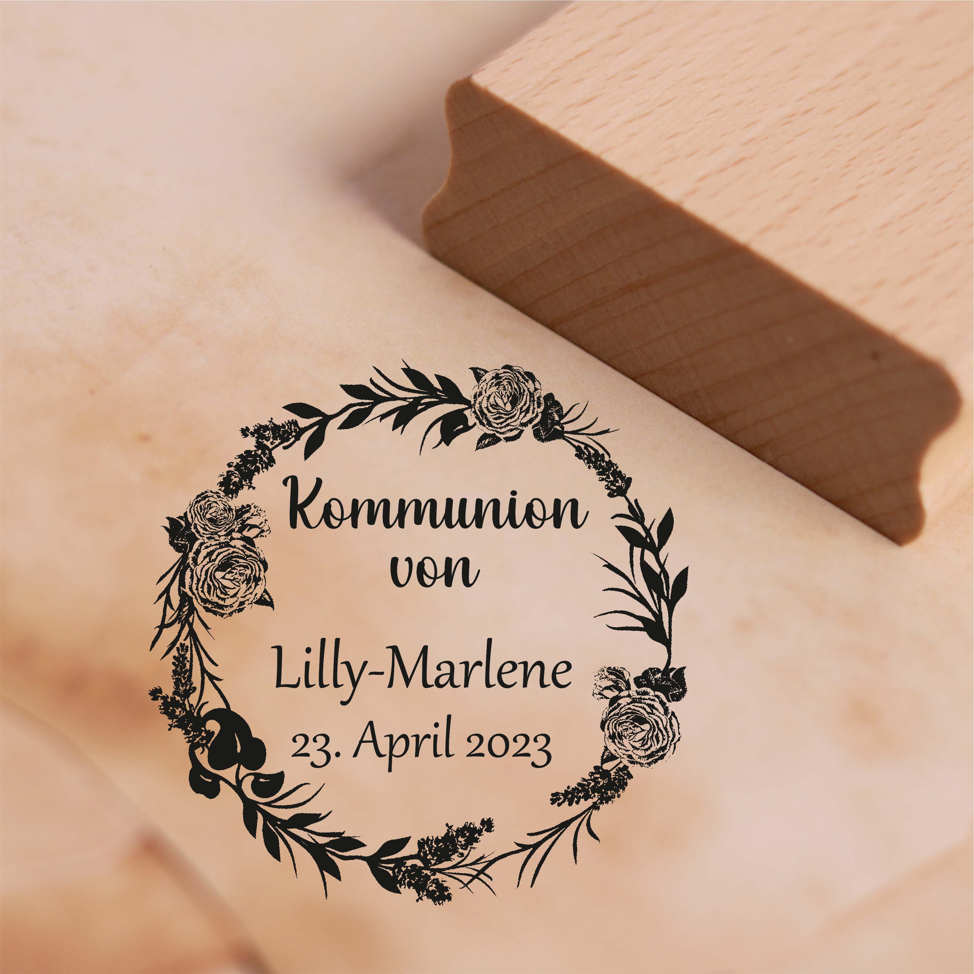 Stempel Kommunion von - mit Name und Datum - Motiv Vintage Rosen Kranz Motivstempel 38 x 38 mm