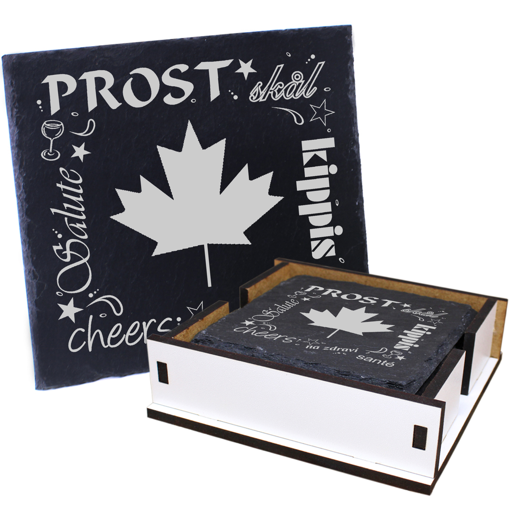 5 x Schiefer Untersetzer - Prost Fahne Canada - inkl. Holzbox & Flaschenuntersetzer