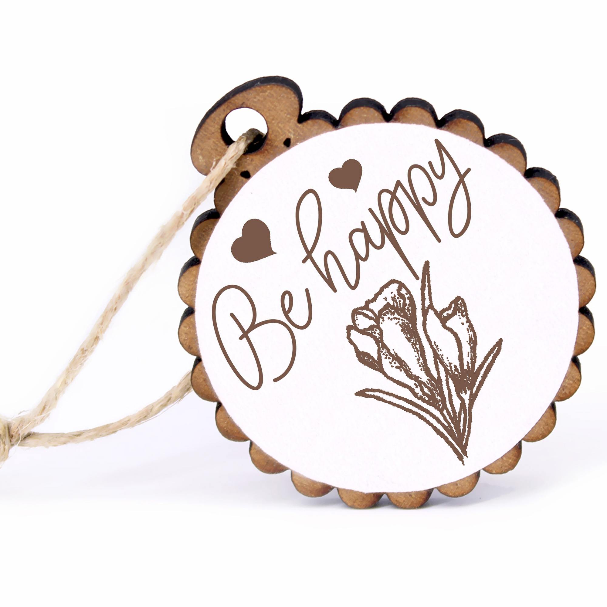 Geschenkanhänger - Be Happy Krokus -  Holz Ø-5cm - mit Juteband
