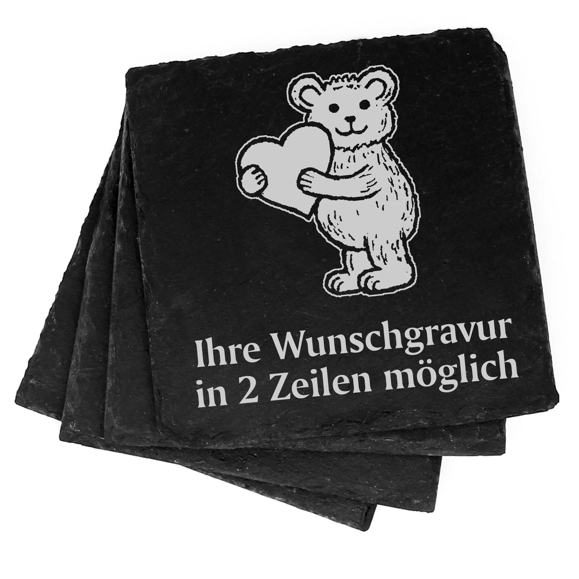 4x Teddy mit Herz Deko Schiefer Untersetzer Wunschgravur Set - 11 x 11 cm