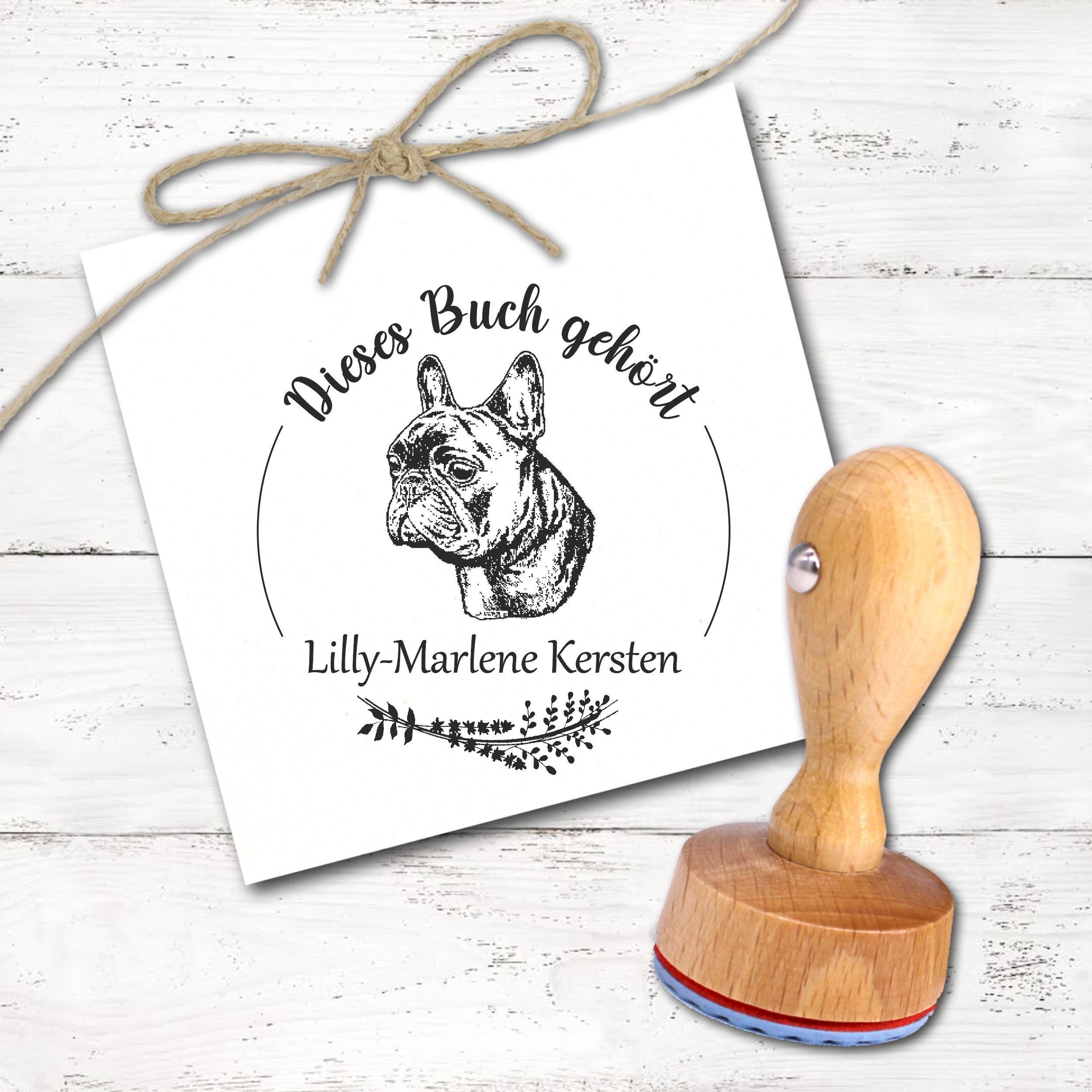 Ex Libris Stempel personalisiert mit Namen Motiv Französische Bulldogge - Bücherstempel individuell - für Kinder, Schule & Lehrer - Ø 38 mm