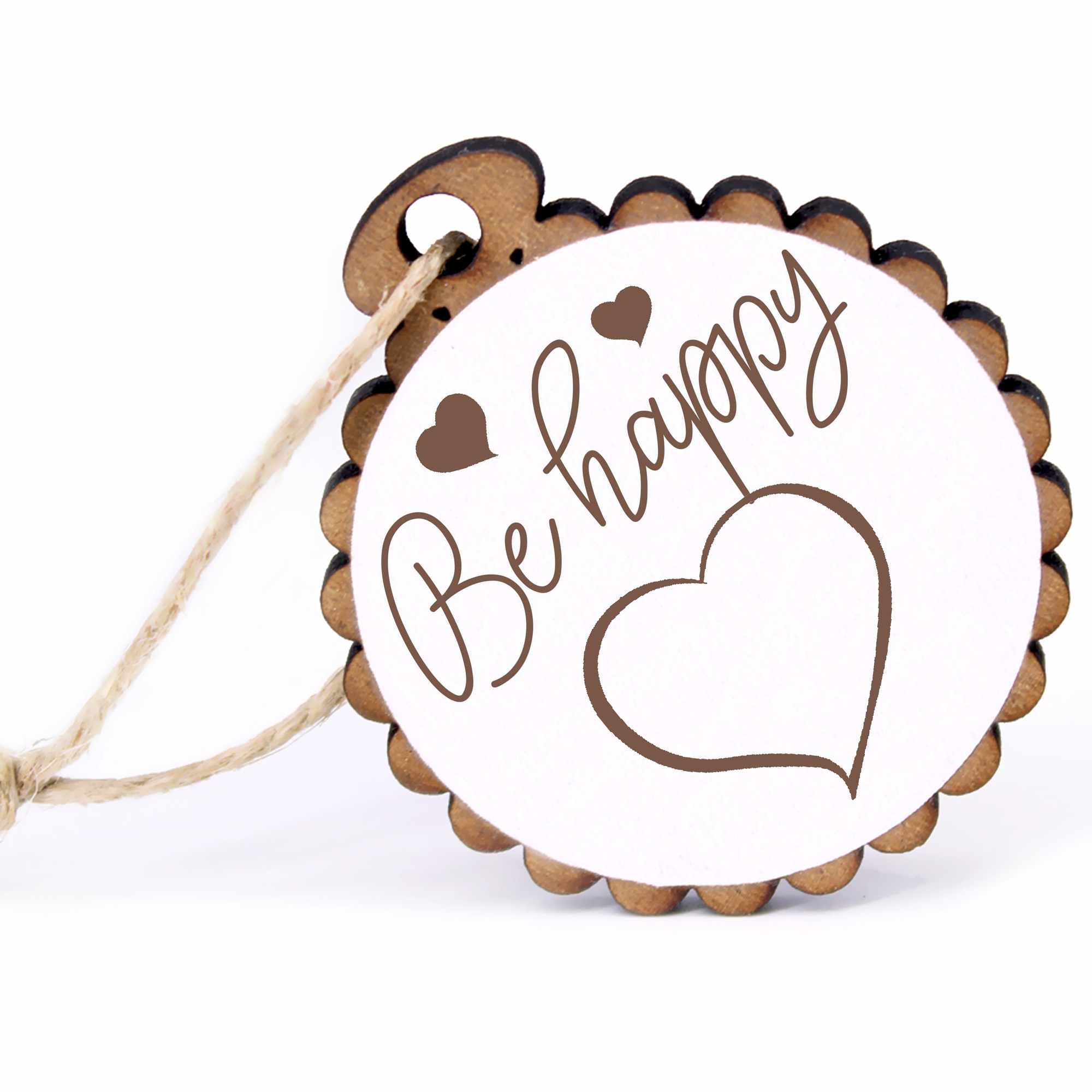 Geschenkanhänger - Be Happy Herz -  Holz Ø-5cm - mit Juteband