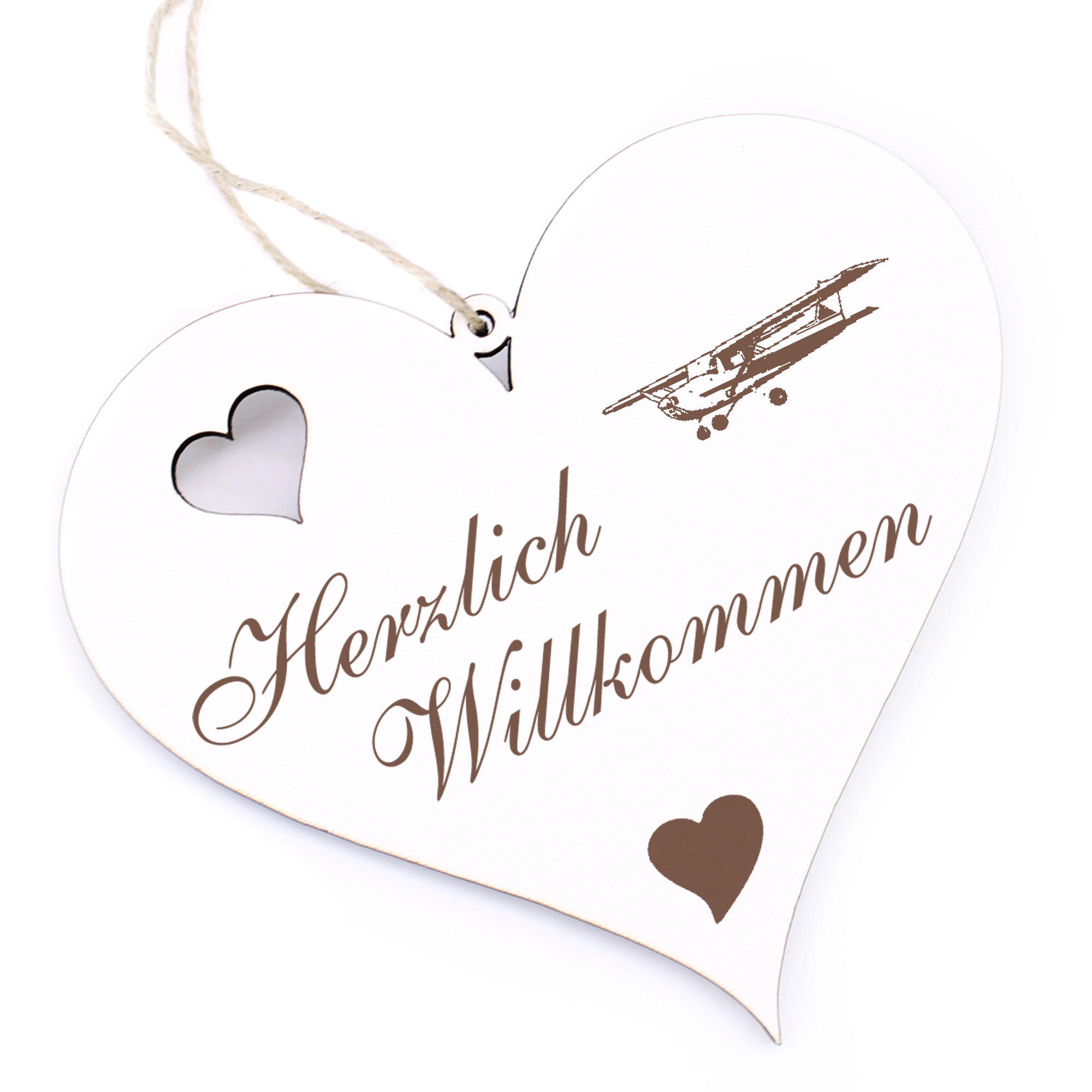 Herzlich Willkommen Schild - Kleinflugzeug - Deko Herz Holz