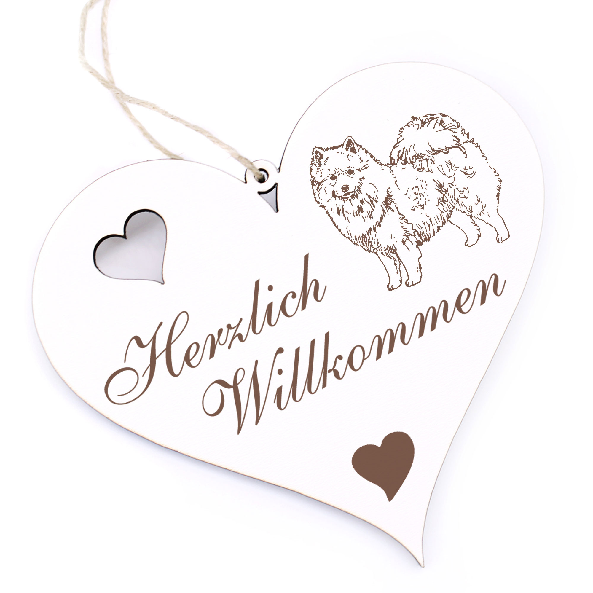 Herzlich Willkommen Schild - American Eskimo Dog - Deko Herz Holz