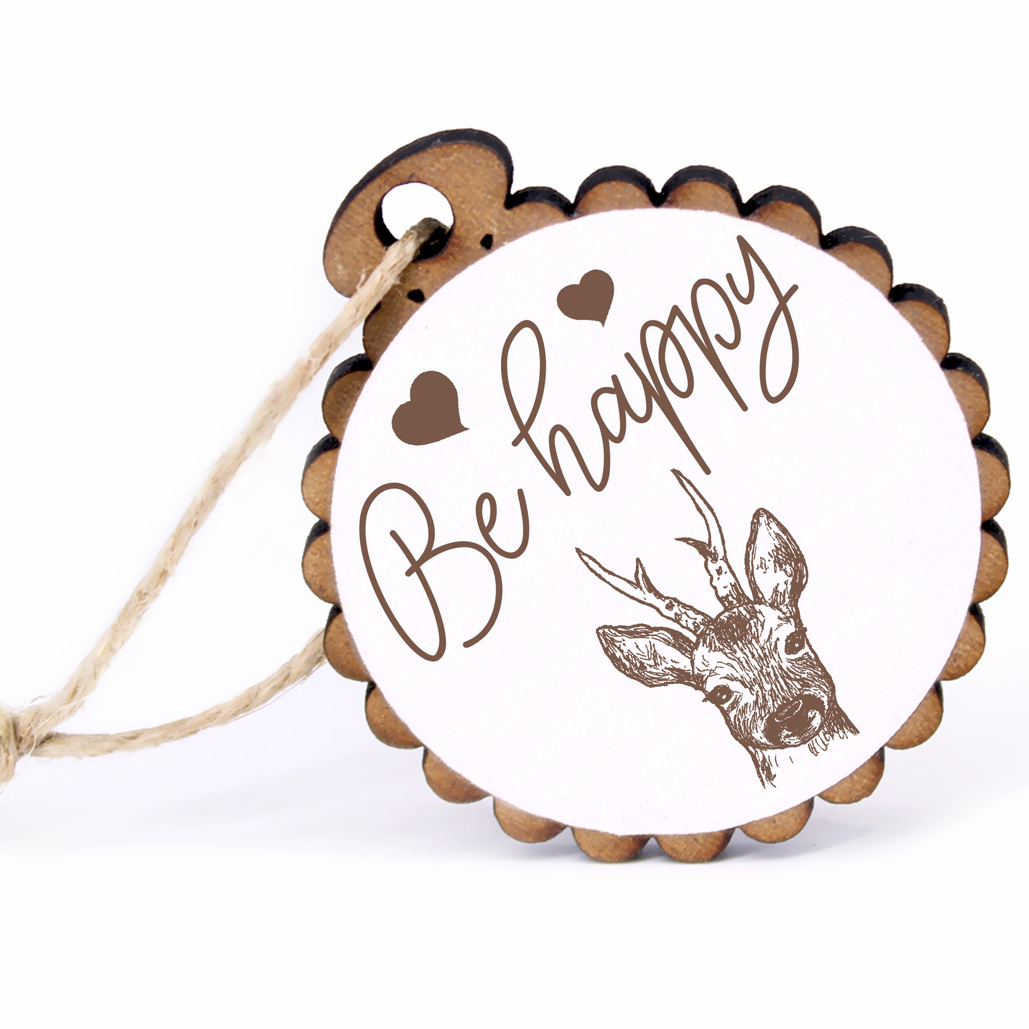 Geschenkanhänger - Be Happy Reh Kopf -  Holz Ø-5cm - mit Juteband
