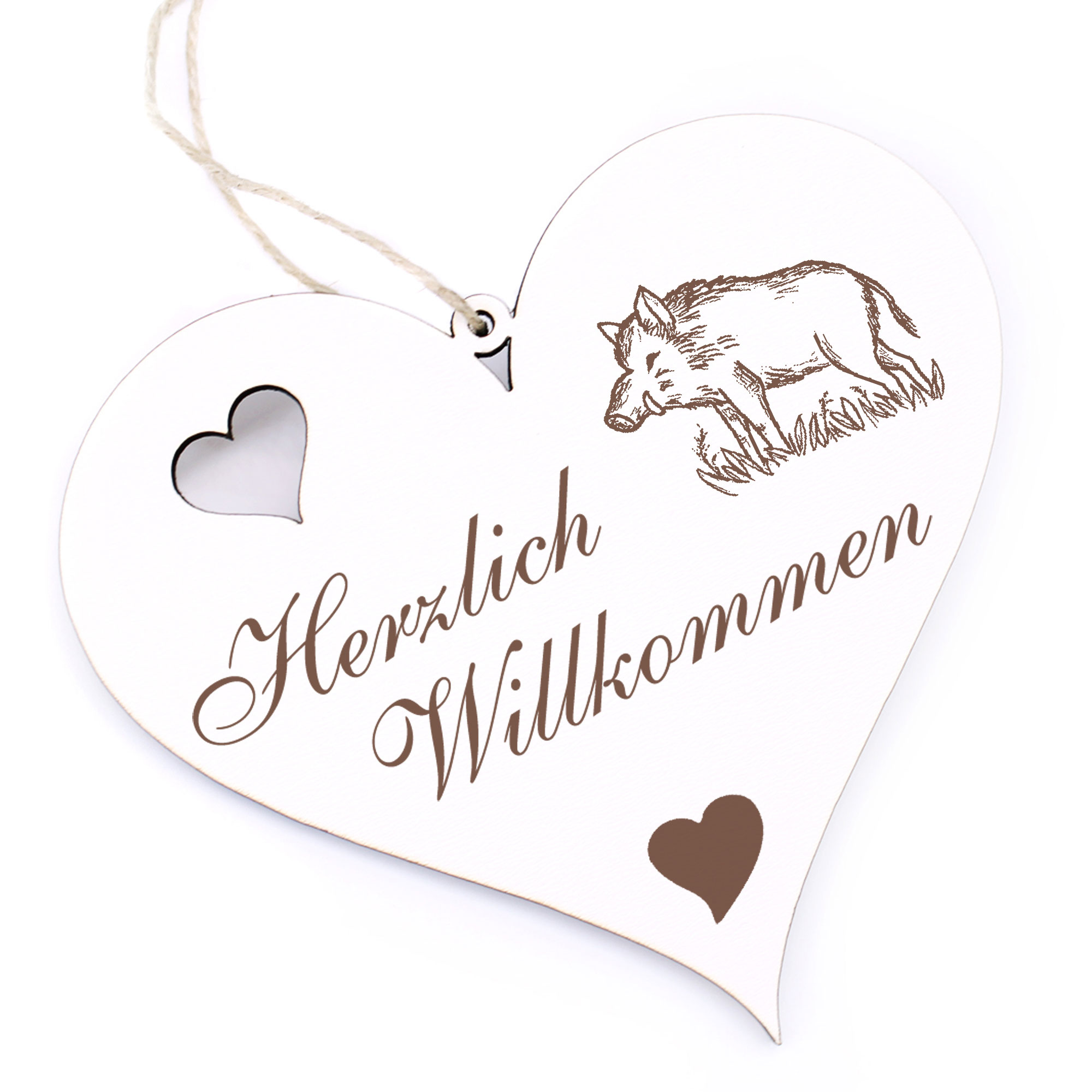 Herzlich Willkommen Schild - gezeichneter Keiler Wildschein - Deko Herz Holz